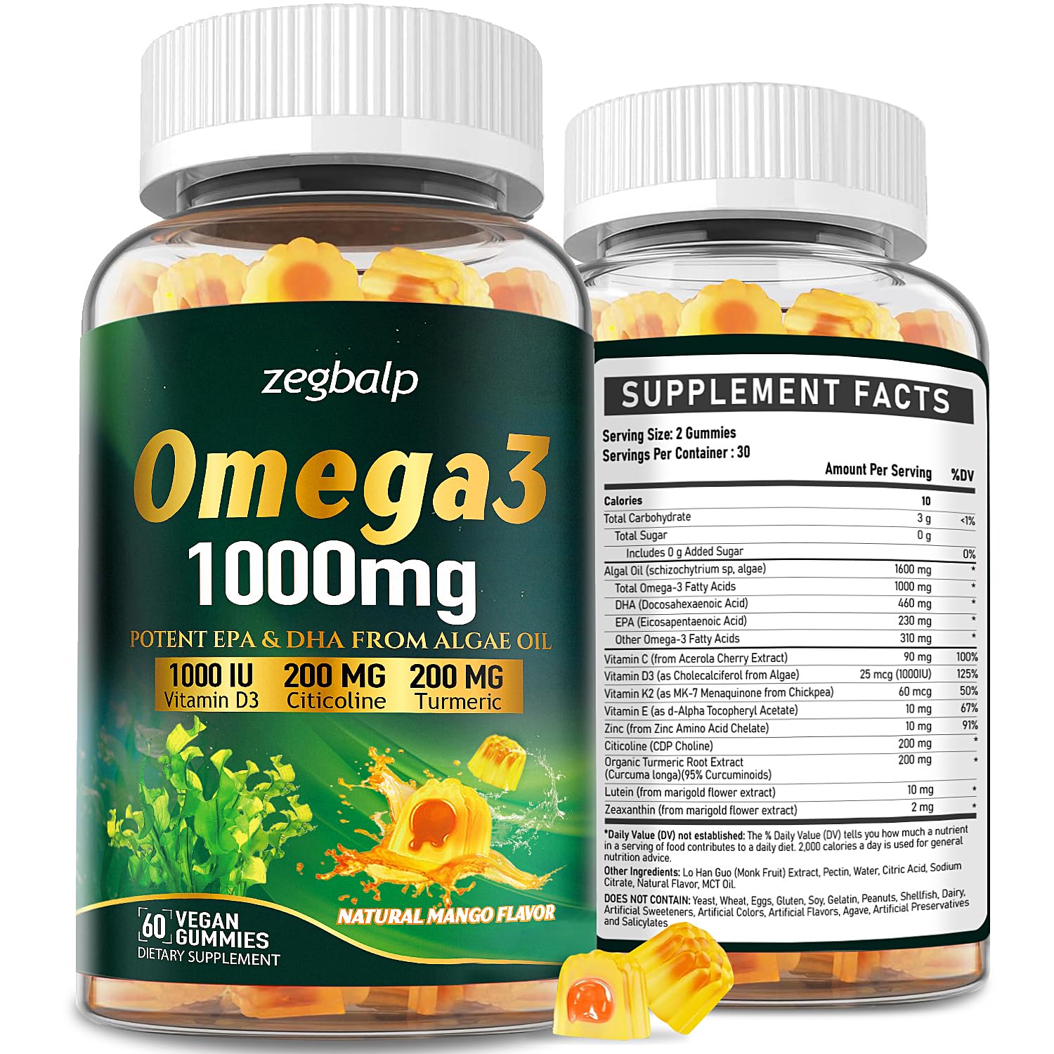 ZEGBALP Omega-3 Gummies bouteille: source végane sans poisson et soutien quotidien