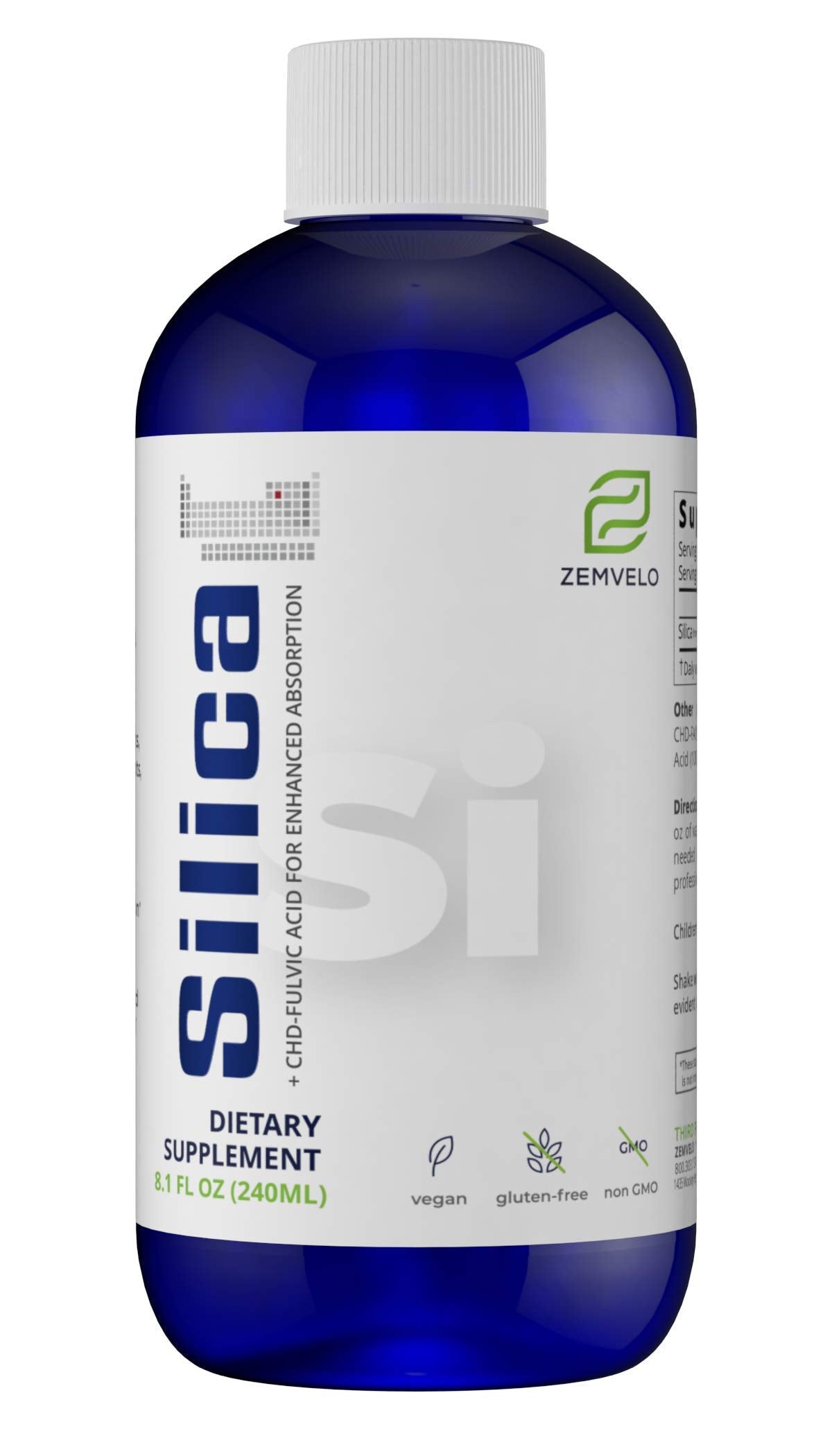 Zemvelo Silice Liquide: bouteille sur fond blanc, soutien potentiel cheveux et peau.