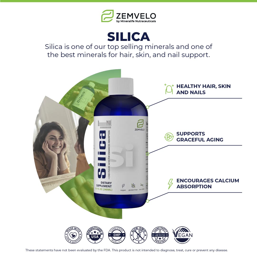 Zemvelo Silice Liquide: étiquette en gros plan, informations sur l’usage et le dosage.