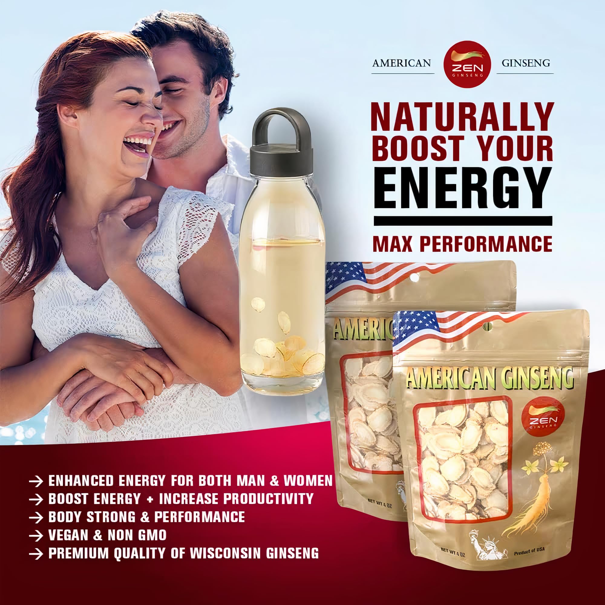 Zen Ginseng – tranches américain infusion, usage pratique dans une boisson chaude.
