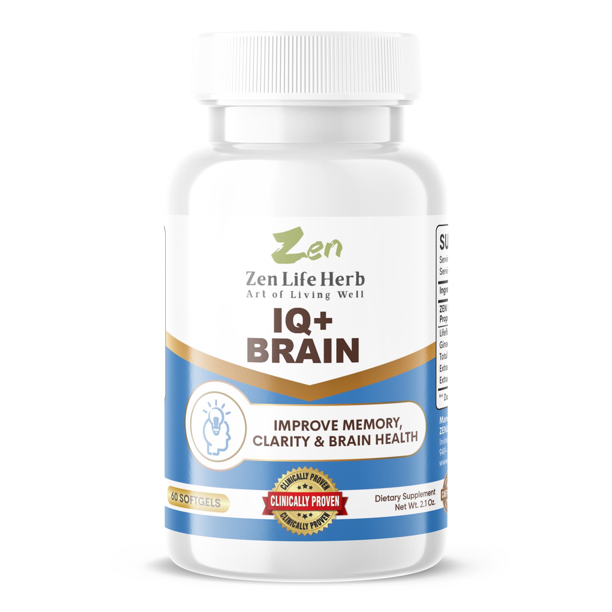 IQ+ Zen Life Herb : bouteille de capsules pour concentration et clarté mentale.