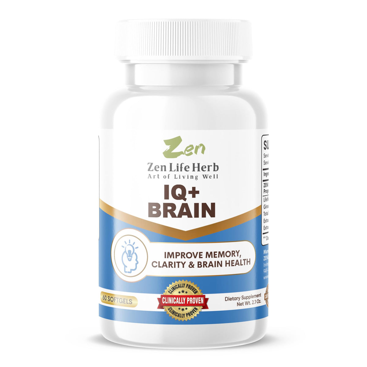 IQ+ Zen Life Herb : bouteille de capsules pour concentration et clarté mentale.