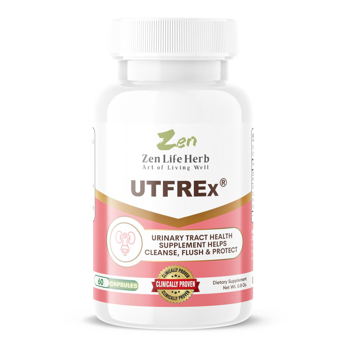 UTFREx de ZEN LIFE HERB : bouteille de capsules, soutien quotidien des voies urinaires.