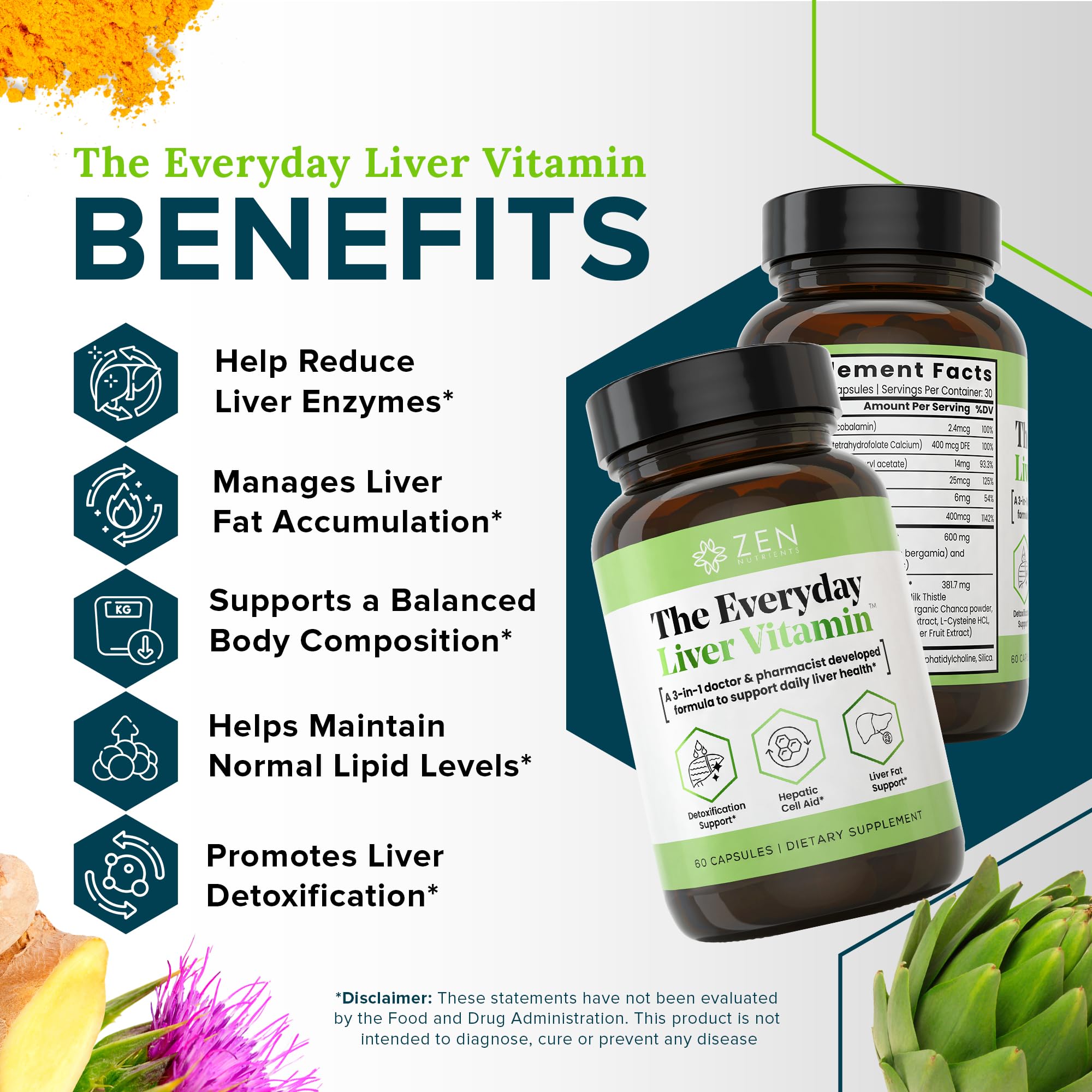 Zen Nutrients Chardon Marie, Artichaut et Pissenlit — ingrédients clés détox.
