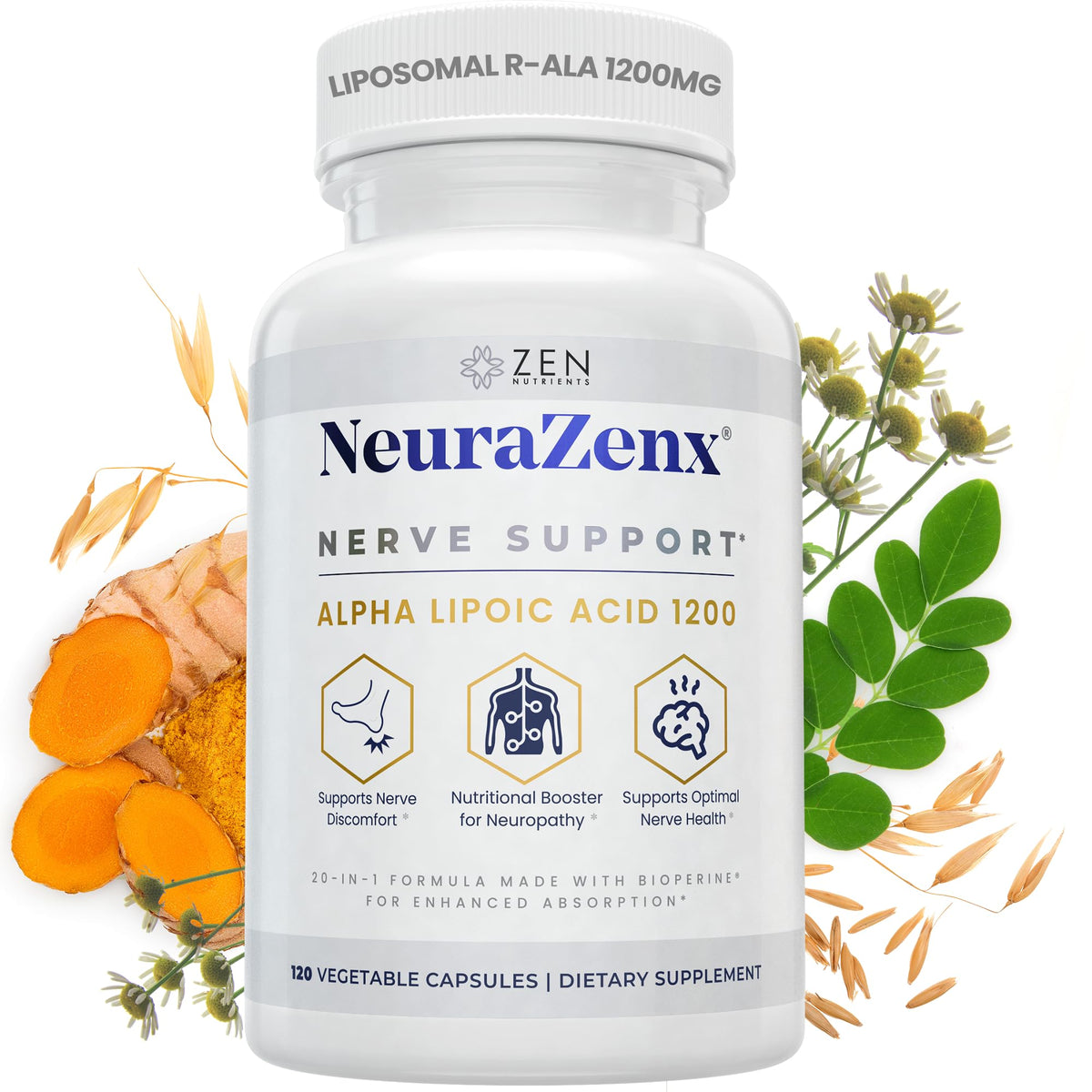 NeuraZenX de Zen Nutrients, bouteille de capsules prête à l'emploi pour le soutien nerveux quotidien.