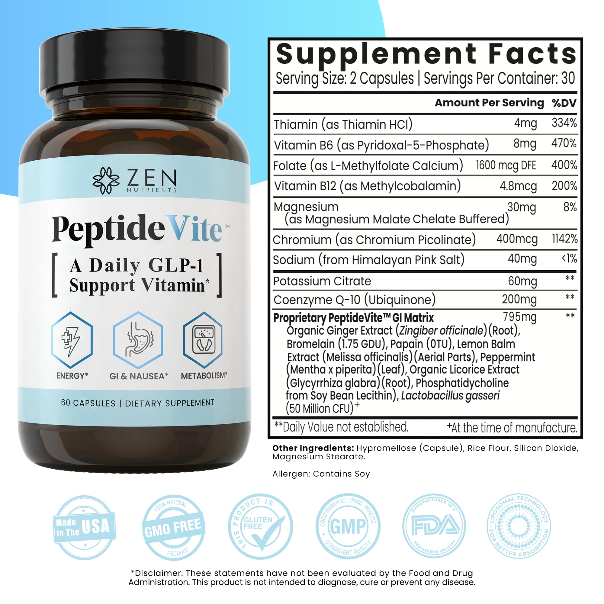 Zen Nutrients PeptideVite Probiotiques 50 M CFU – soutien intestinal