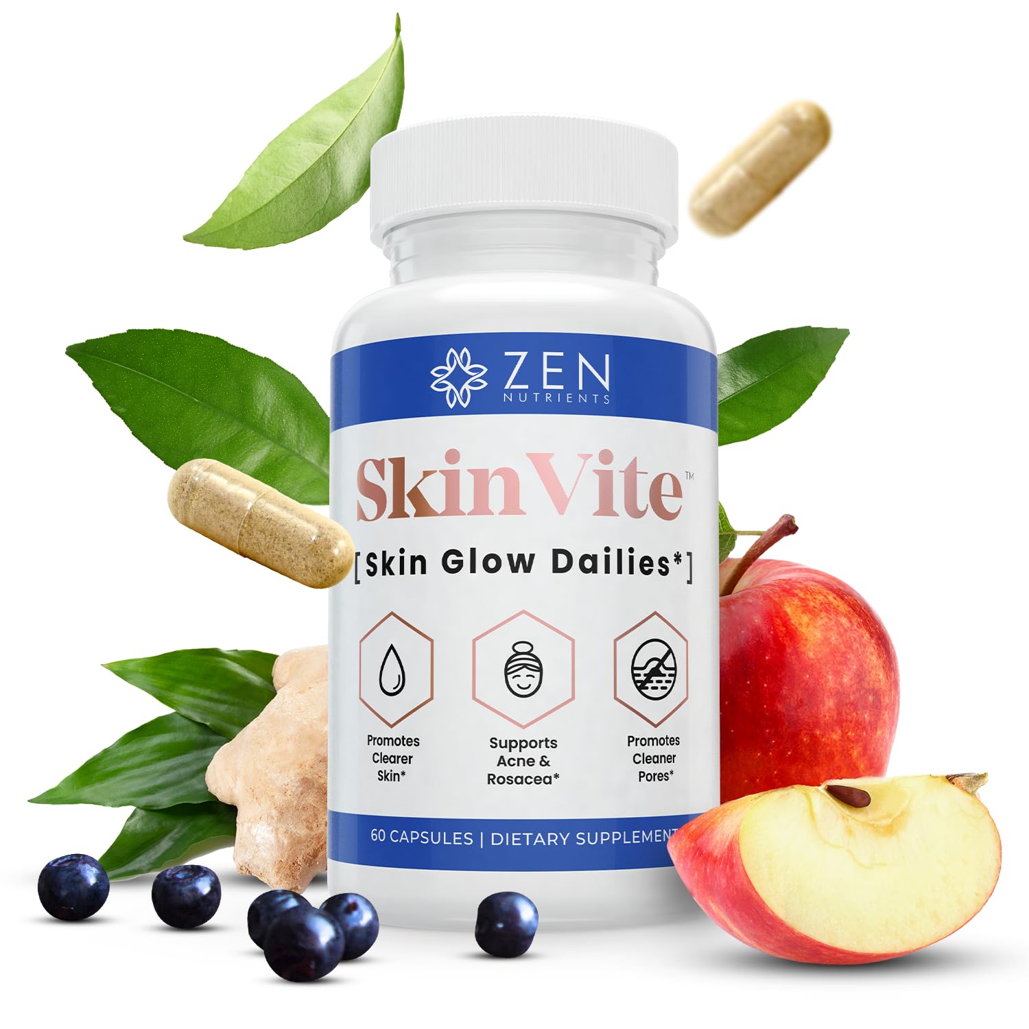 SkinVite de Zen Nutrients - Bouteille de gélules pour peau et digestion potentielle.