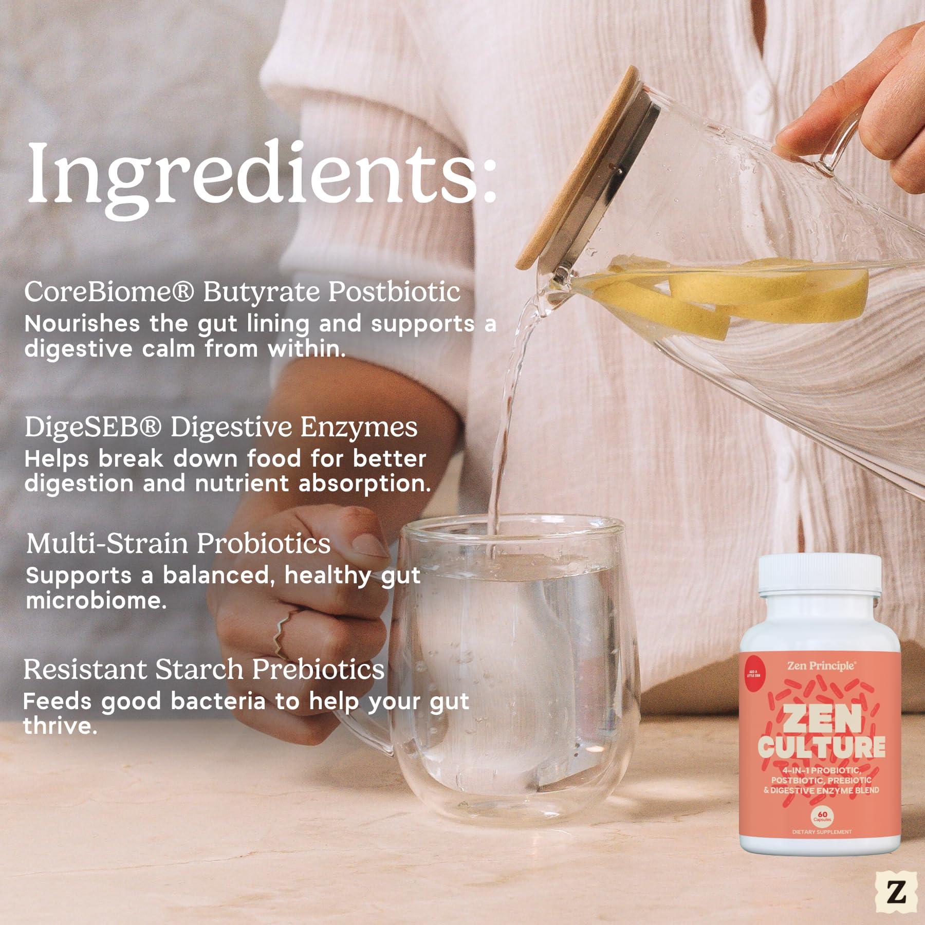 Zen Principle Zenculture : mélange probiotiques et prébiotiques pour l’équilibre du microbiote.