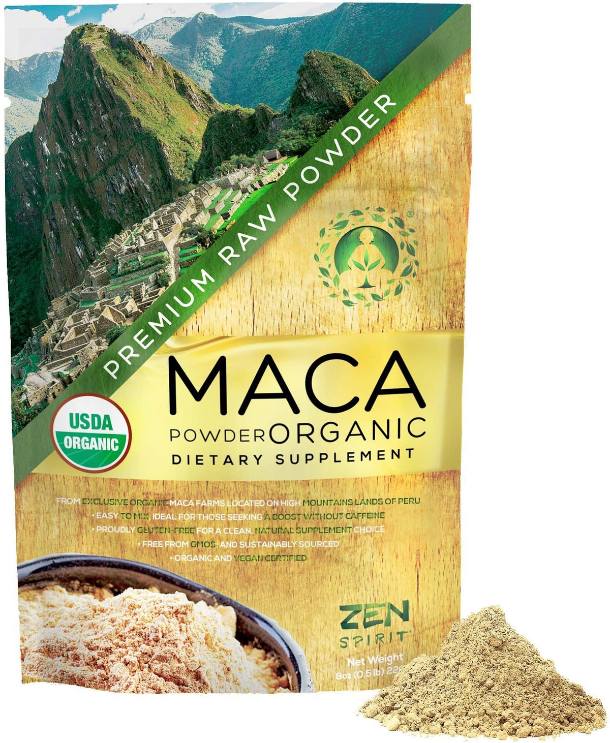 Zen Spirit Maca Poudre Jaune Bio : énergie naturelle pour le petit-déjeuner.