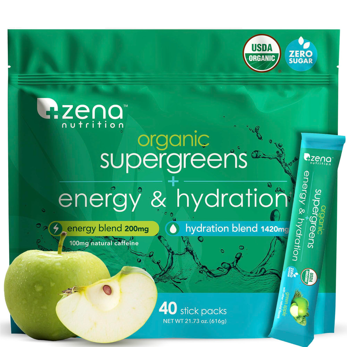 Emballage bio de Zena Nutrition présentant les super-aliments en sticks pratiques.