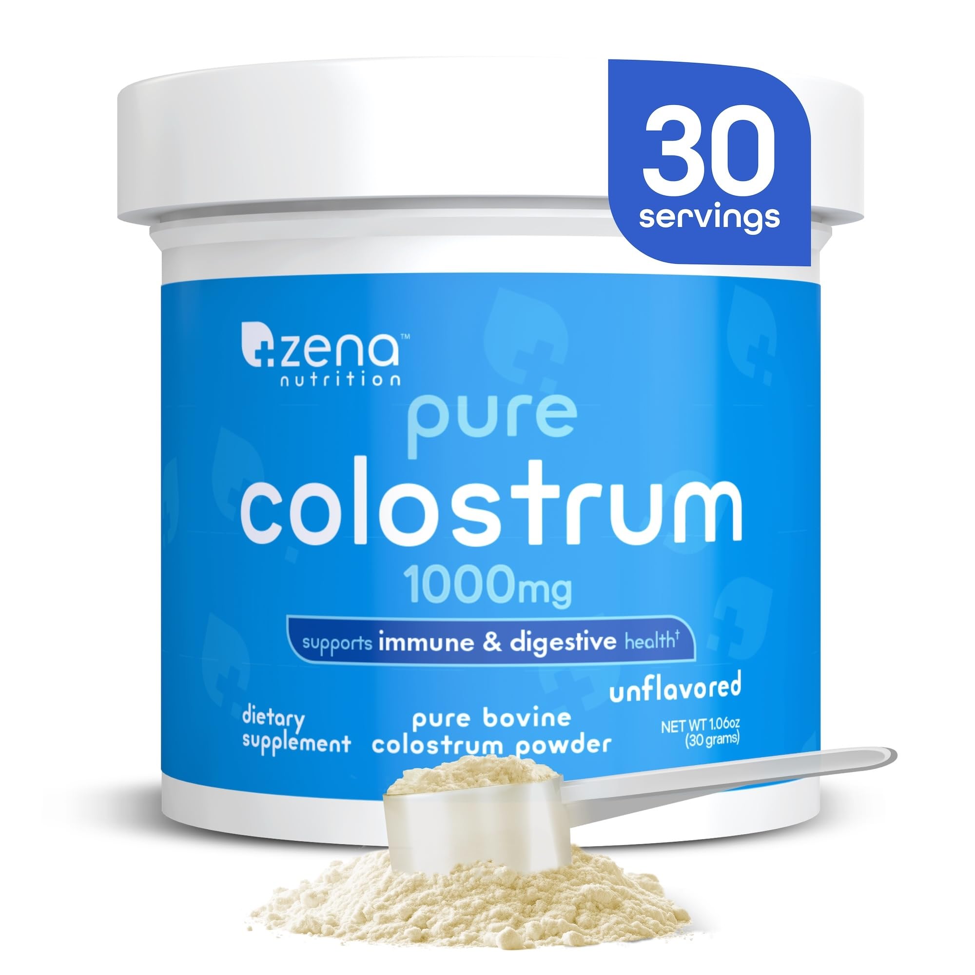 Colostrum Bovin Zena Nutrition — poudre pure prête à être mélangée dans une boisson froide.