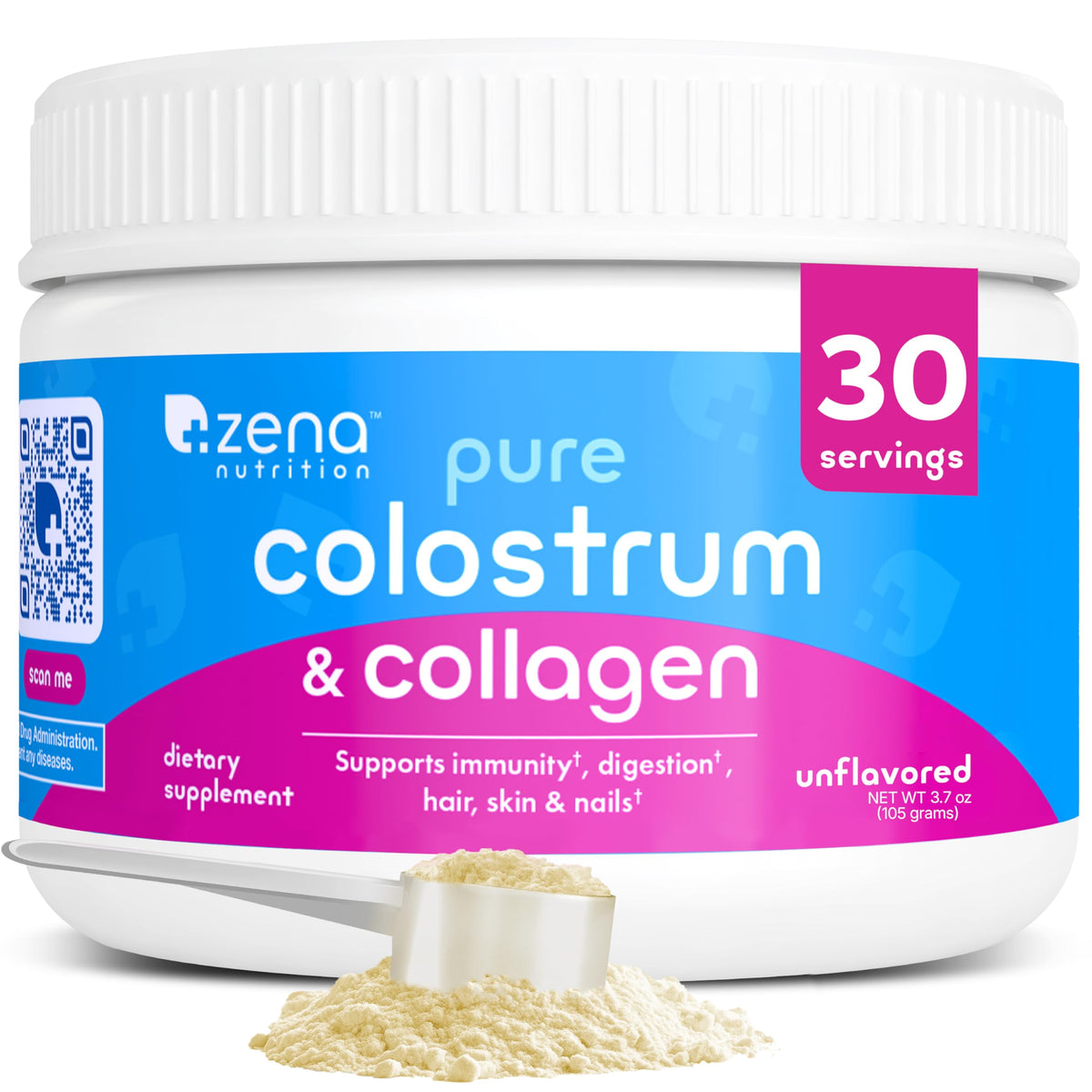 Zena Nutrition emballage colostrum et collagène, présentation premium.