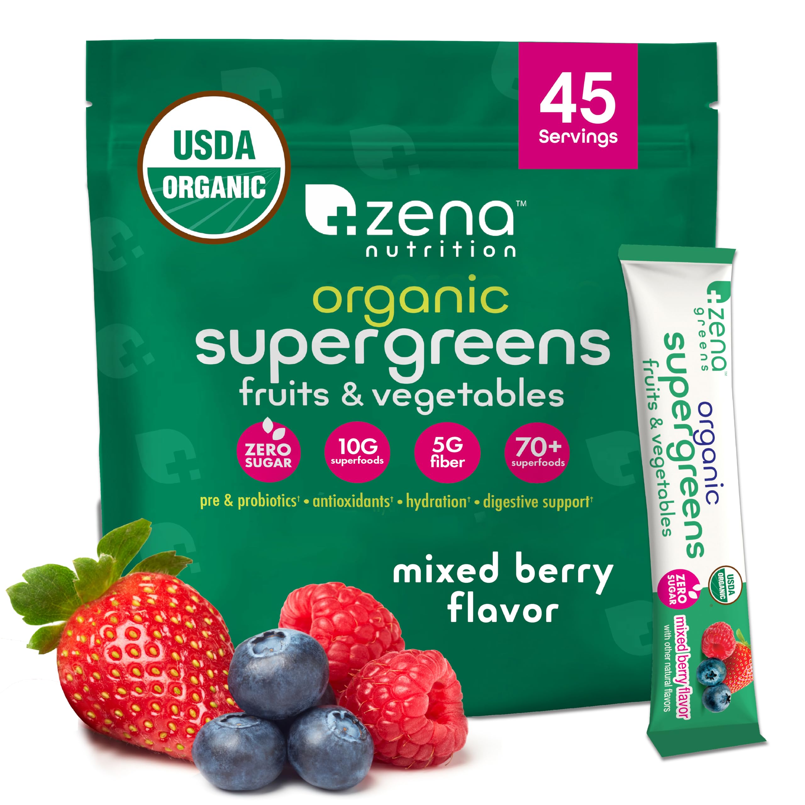 Zena Nutrition Poudre Supergreens, bouteille et verre, énergie et vitalité au quotidien.
