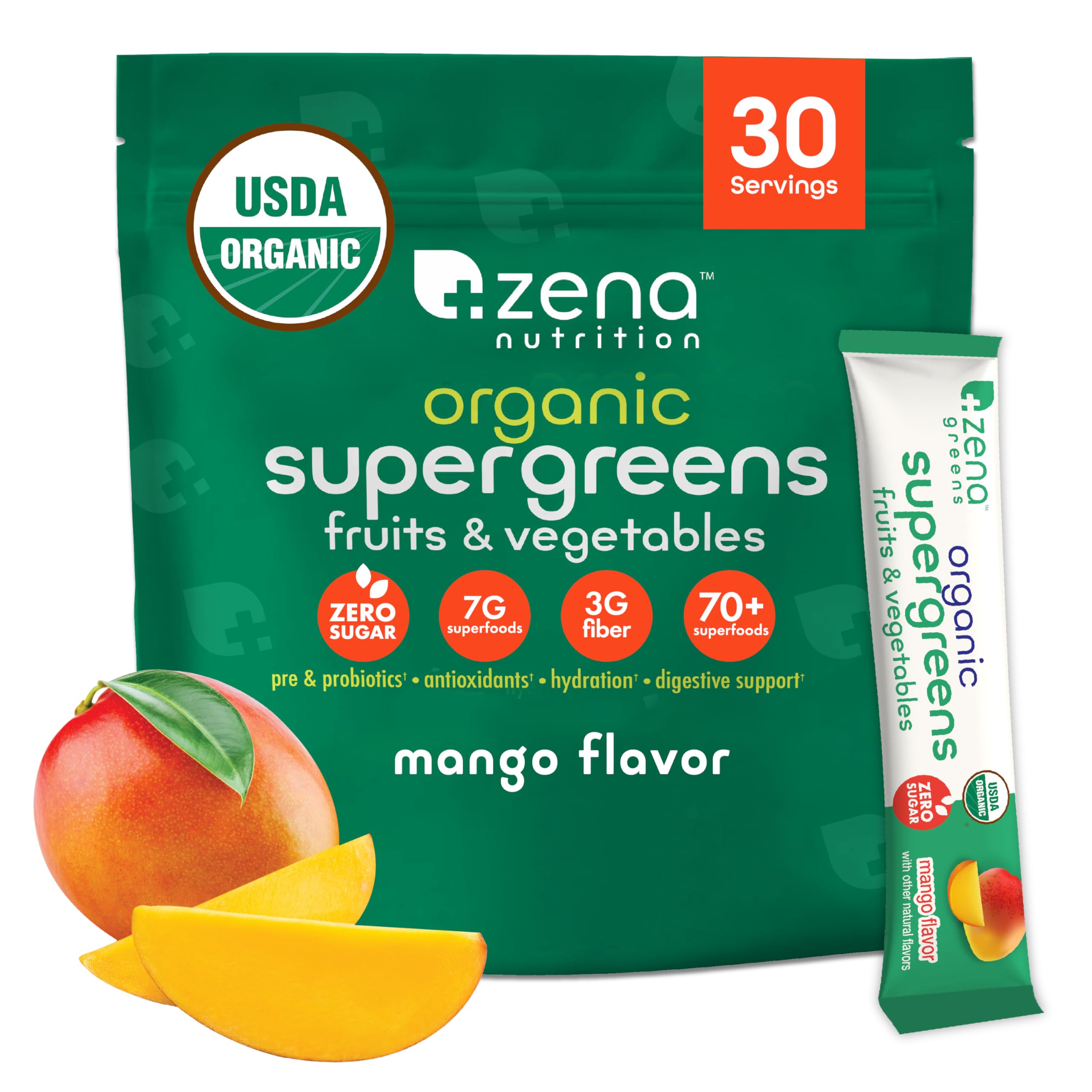 Poudre Zena Nutrition Vert Bio Mangue, goût fruité et apport nutritionnel quotidien.