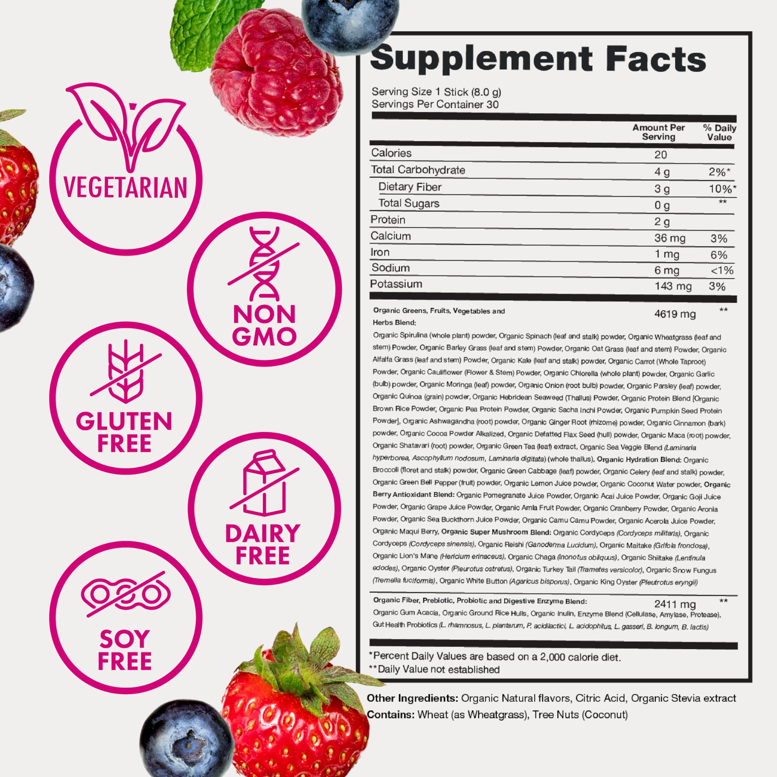 Zena Nutrition Super Greens – arôme fruits rouges agréable et sans arrière-goût amer