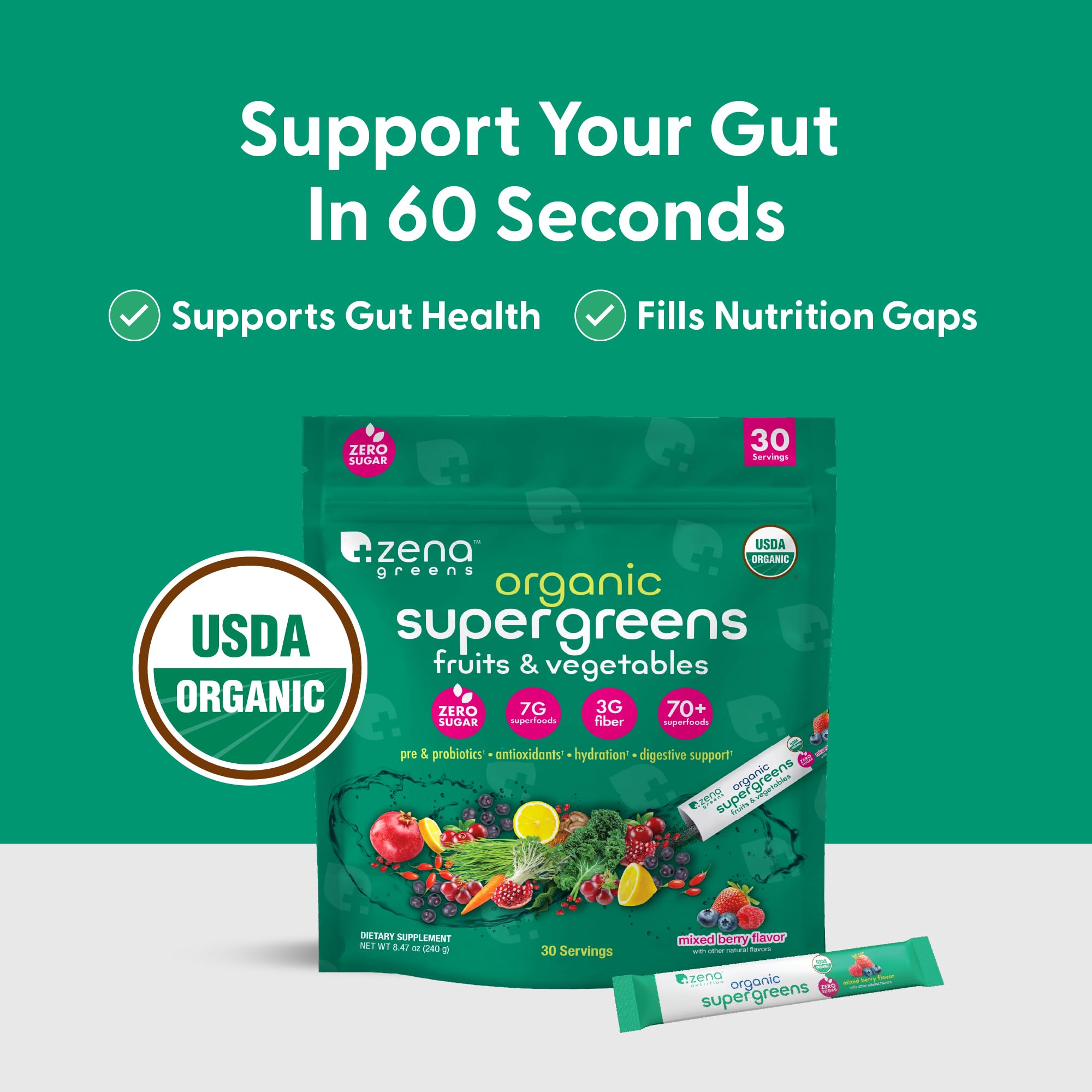 Zena Nutrition Super Greens – sachets portables faciles à emporter pour votre routine