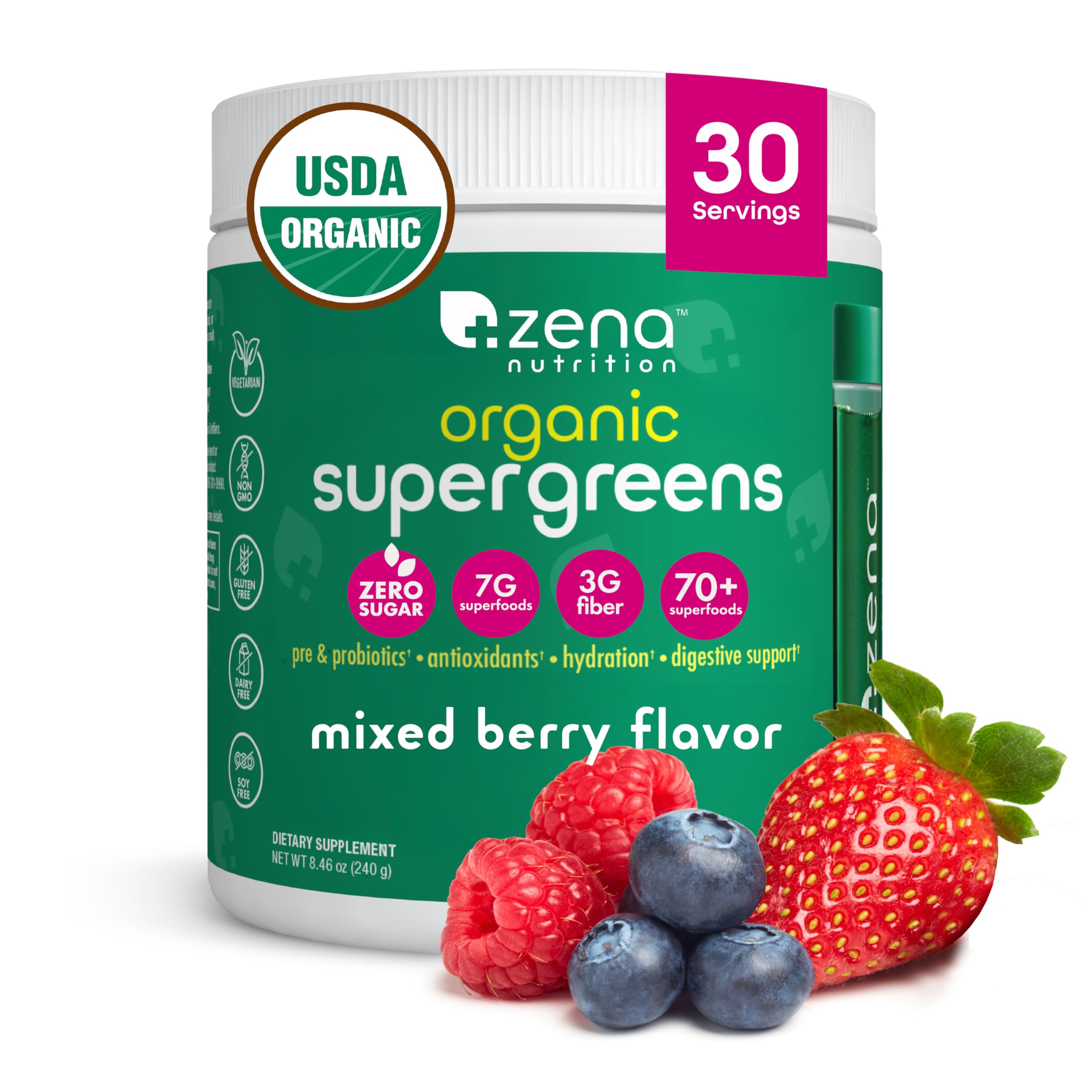 Zena Nutrition Poudre Super Greens bio affichée sur l’emballage, pour le bien-être quotidien.