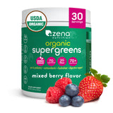 Zena Nutrition Poudre Super Greens bio affichée sur l’emballage, pour le bien-être quotidien.