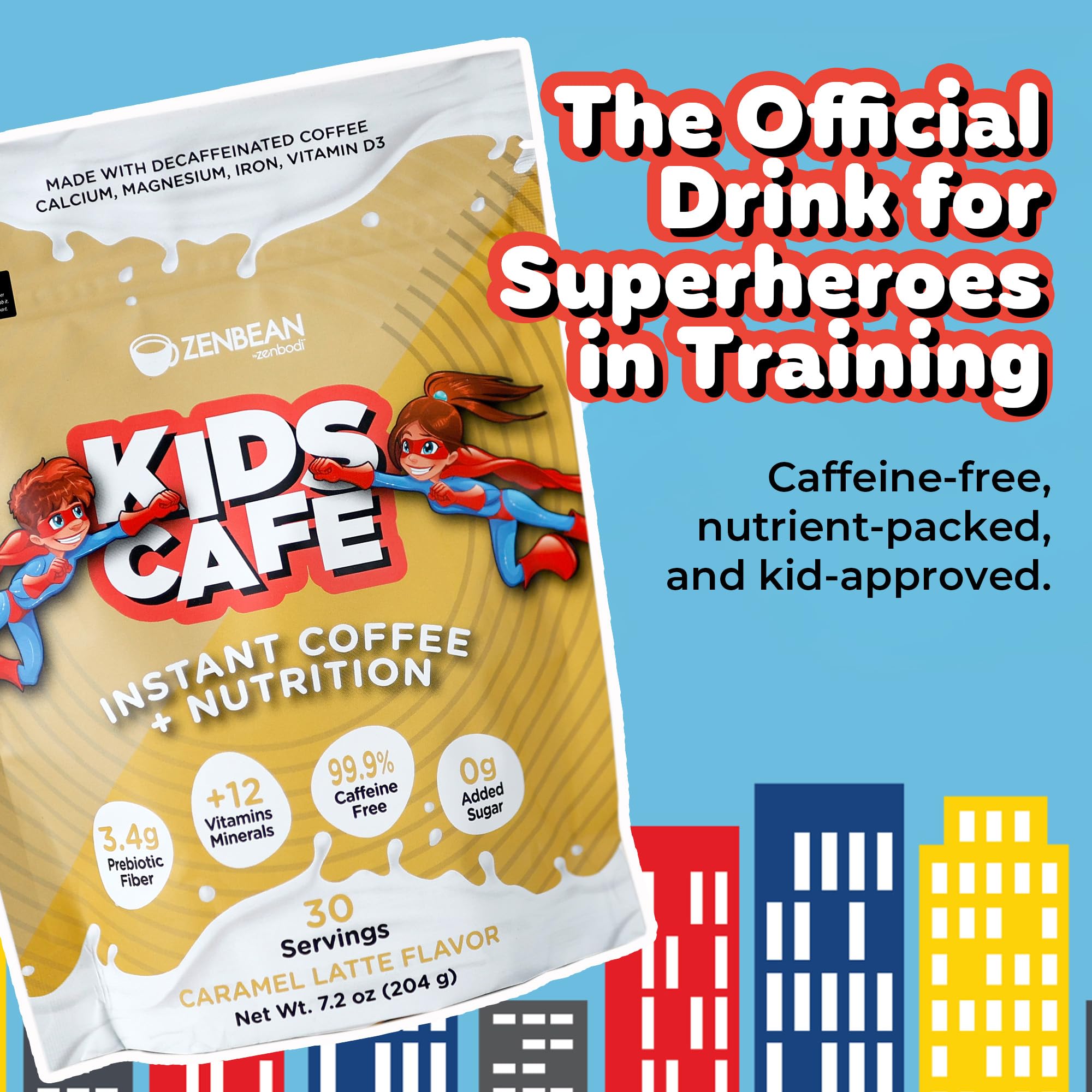 Dose de poudre Zenbean Kids Café Caramel Latte prête à mesurer pour une préparation rapide.