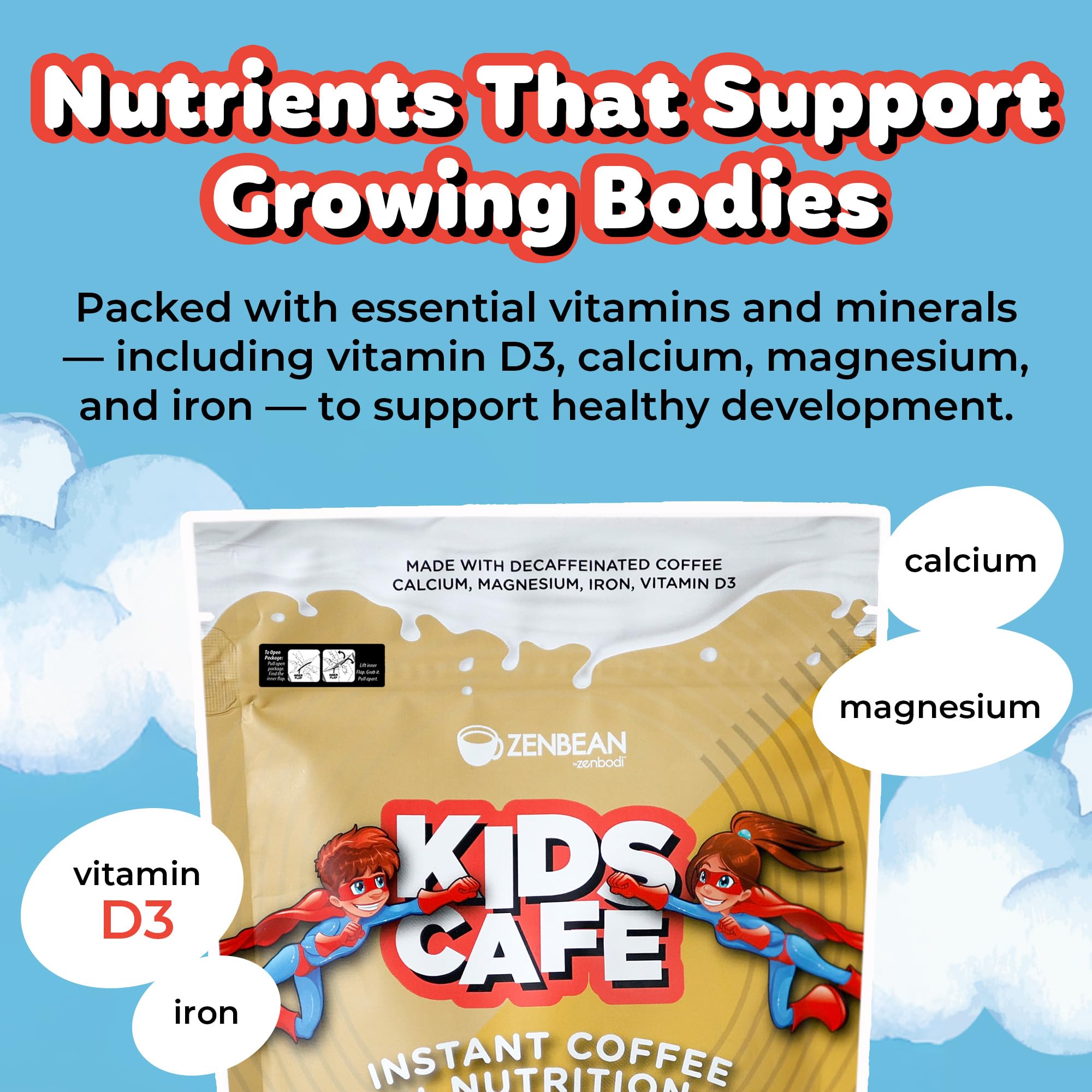 Graphique nutritionnel Zenbean Kids Café Caramel Latte présentant vitamines et minéraux.