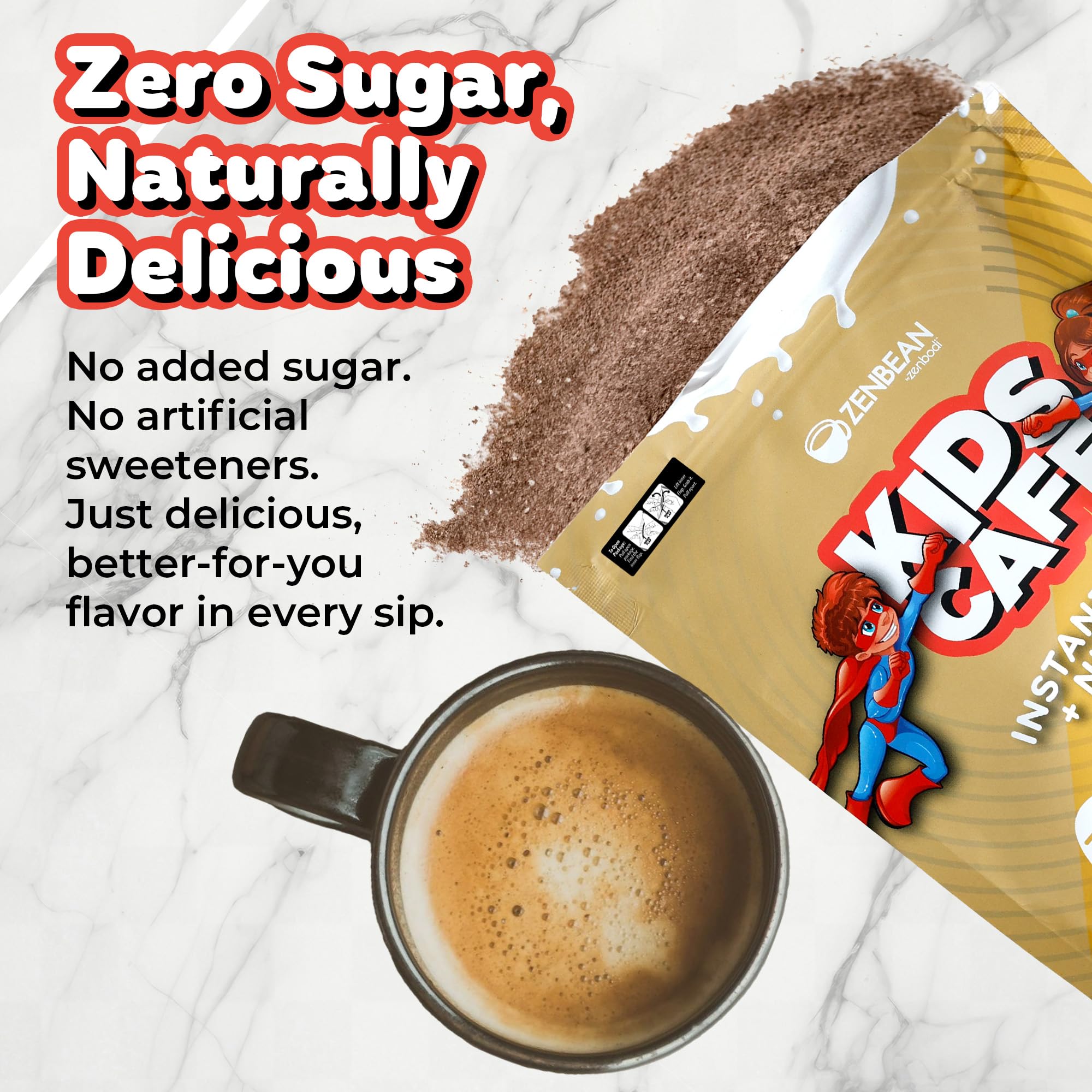 Enfant savourant Zenbean Kids Café Caramel Latte sans sucre ajouté et goût caramel.