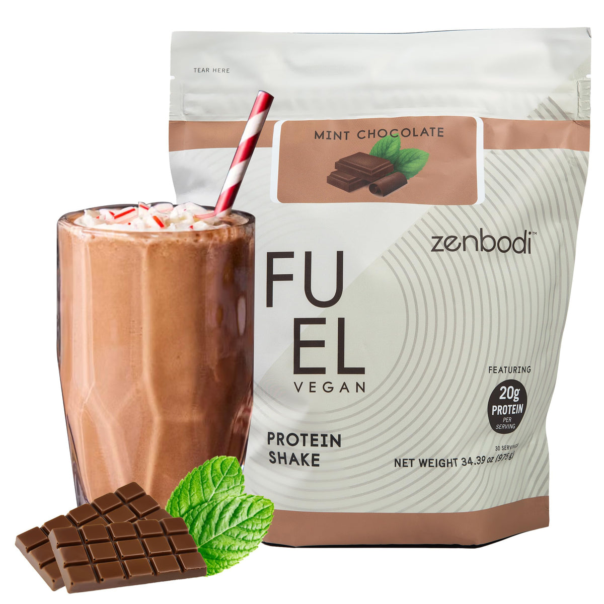 Zenbodi Fuel Protéine menthe chocolat bouteille, protéines végétales pour soutenir l’endurance.