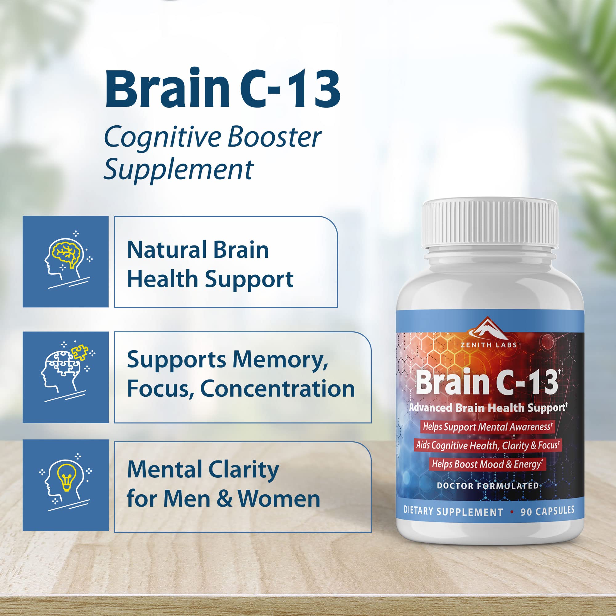 Zenith Labs Brain C-13 : étiquette claire indiquant les ingrédients et le dosage