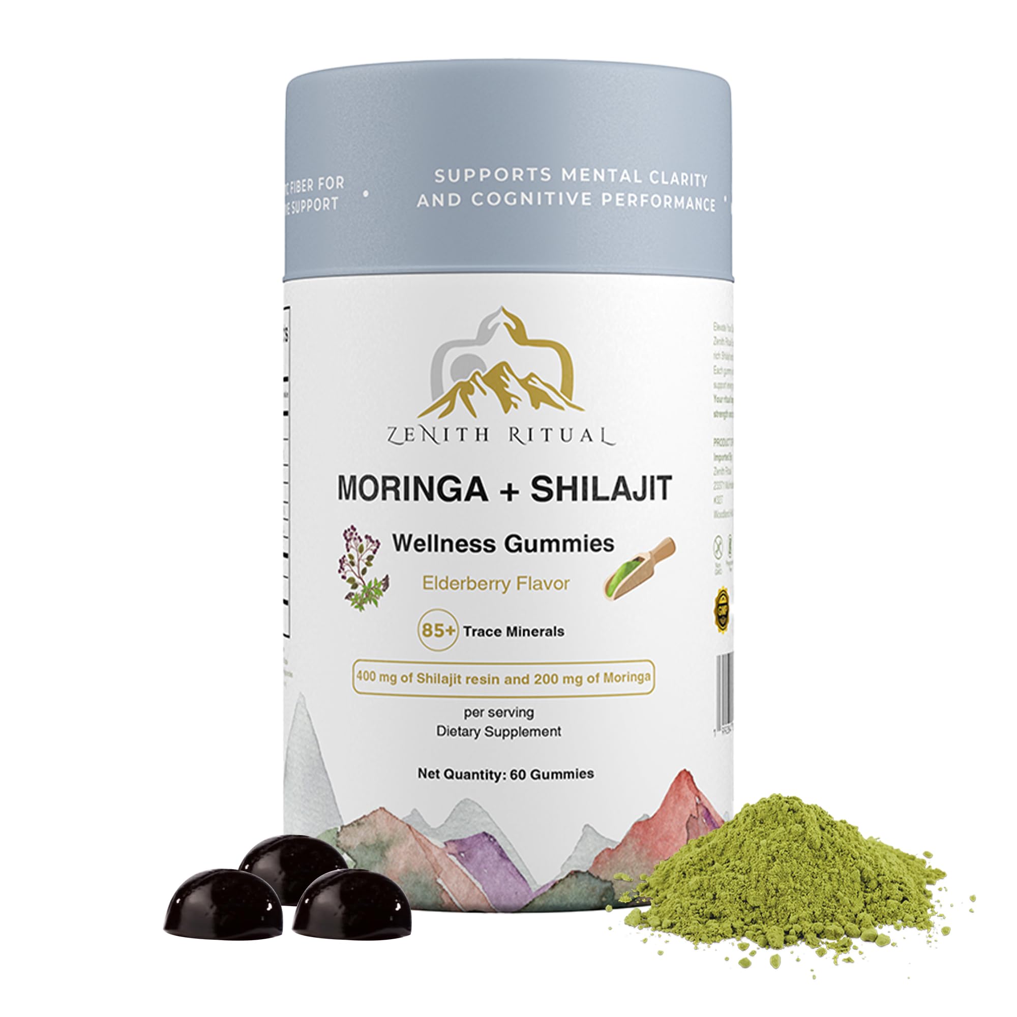 Gommes Zenith Ritual Shilajit Moringa, saveur baie de sureau, boîte prête à l'emploi.