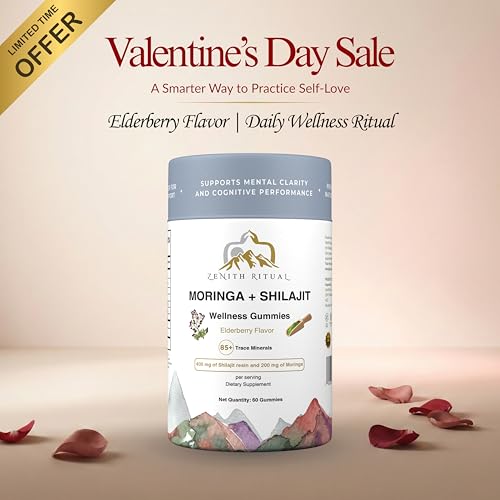 Gommes Zenith Ritual Shilajit Moringa, baies de sureau, emballage et étiquette clairs.