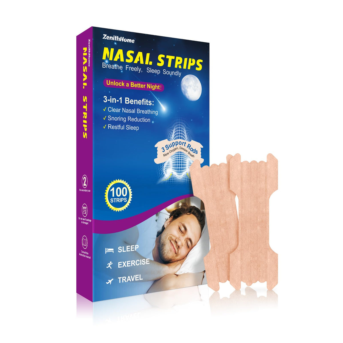 ZenithHome Bandes nasales ronflement: amélioration de la respiration nocturne et sommeil plus paisible.