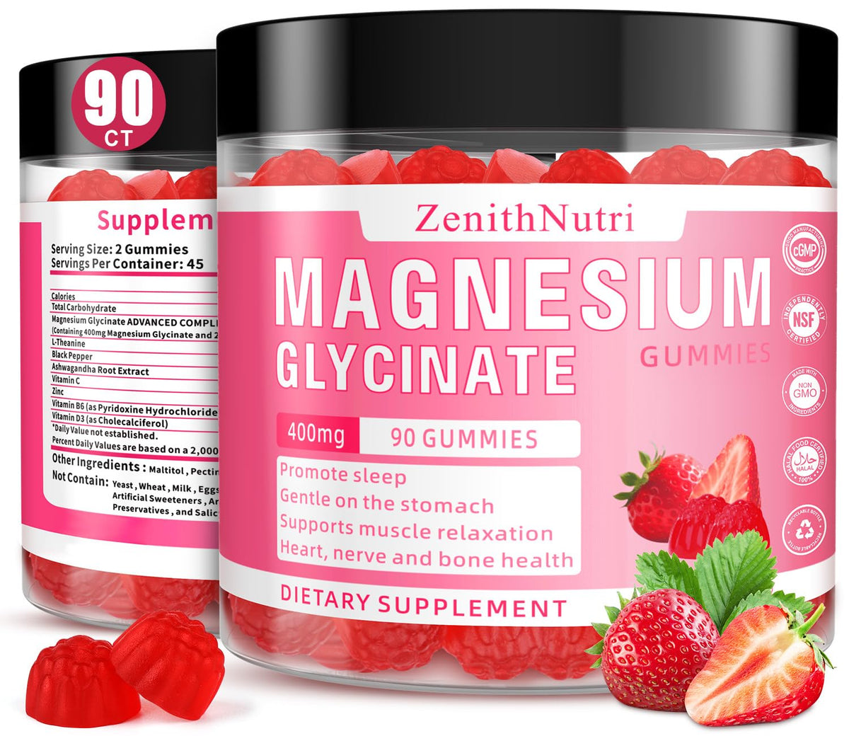 Gommes ZenithNutri magnésium et ashwagandha, emballage pratique pour le quotidien.