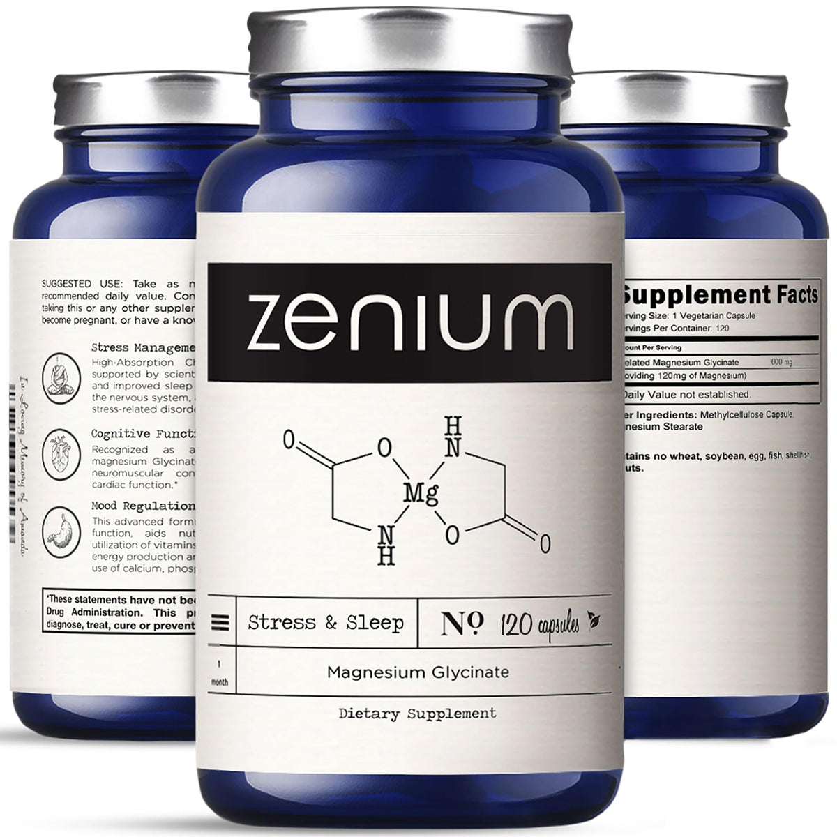 Zenium Magnésium Glycinate en bouteille de 120 capsules pour un repos potentiel.