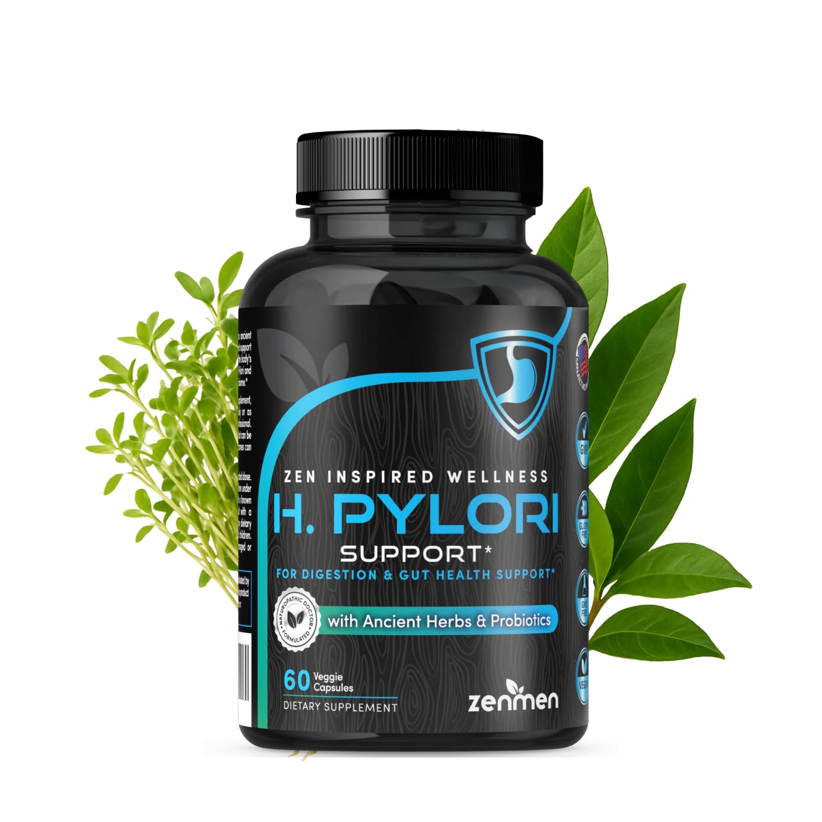 Zenmen H. Pylori Support – bouteille et capsules vegan pour routine digestive.
