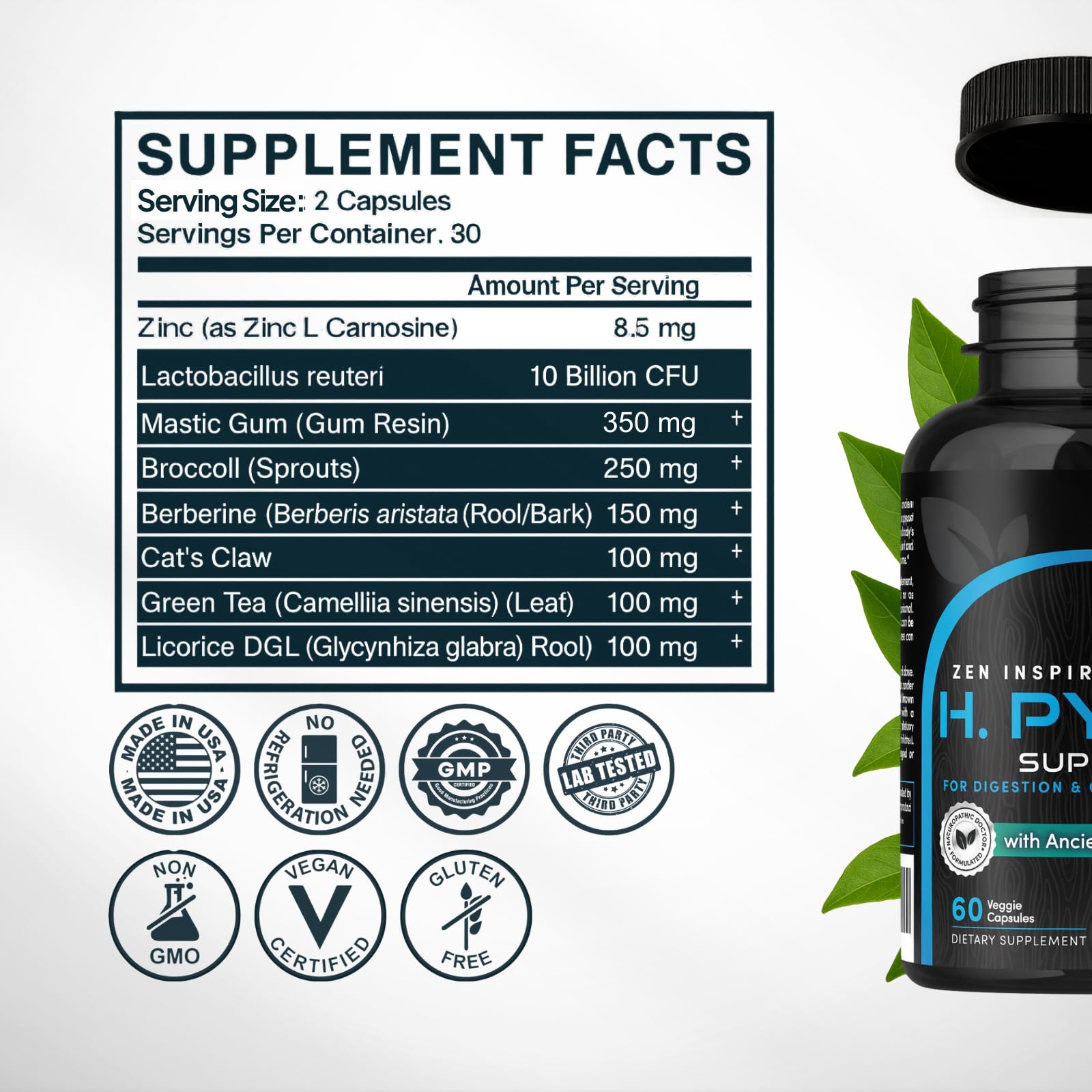 Zenmen H. Pylori Support – emballage recyclable et conformité GMP.