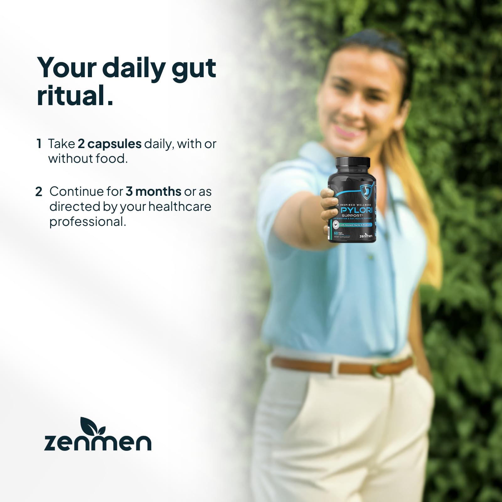 Zenmen H. Pylori Support – étiquette claire avec ingrédients et utilisation.
