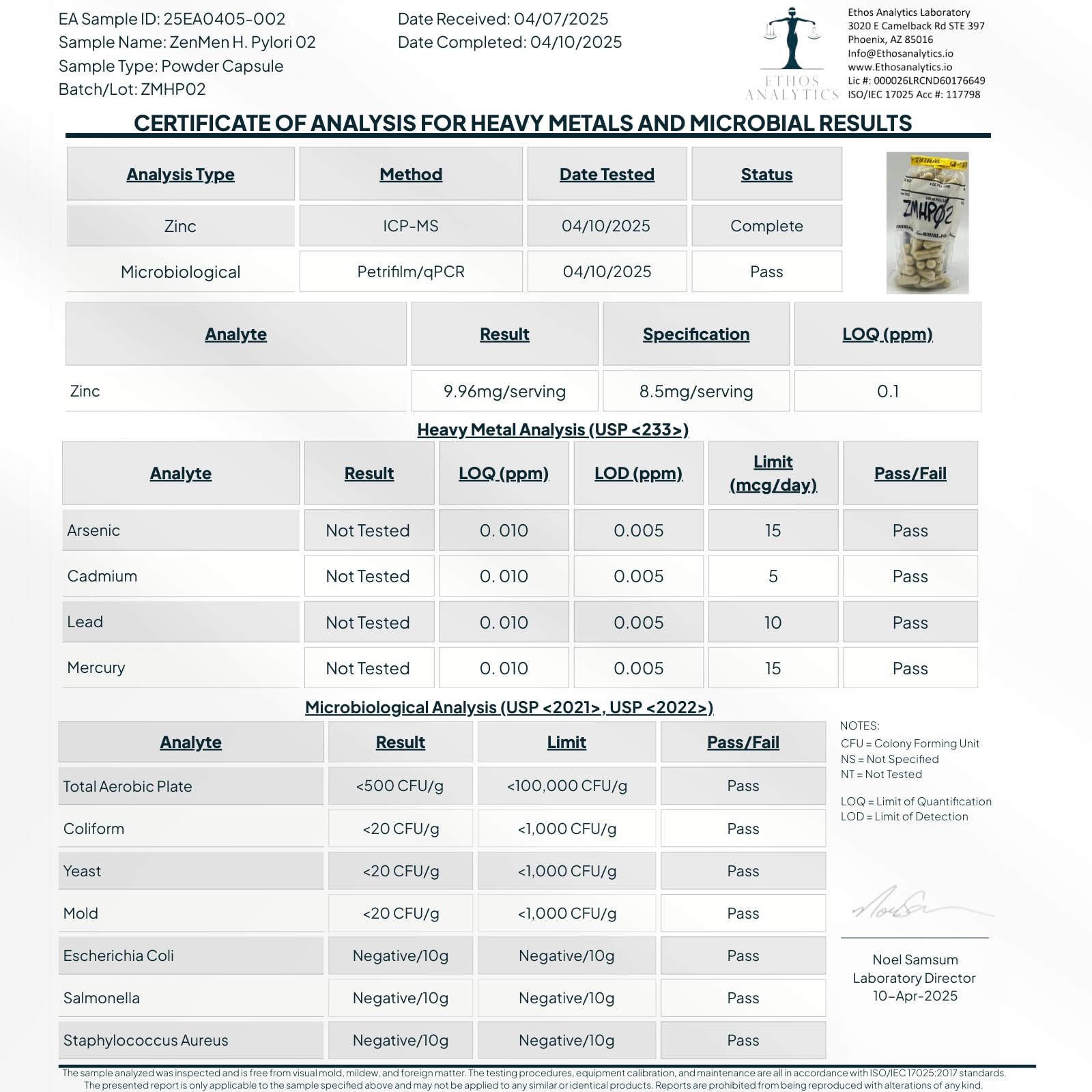 Zenmen H. Pylori Support – base botanique incluant mastic et probiotiques.