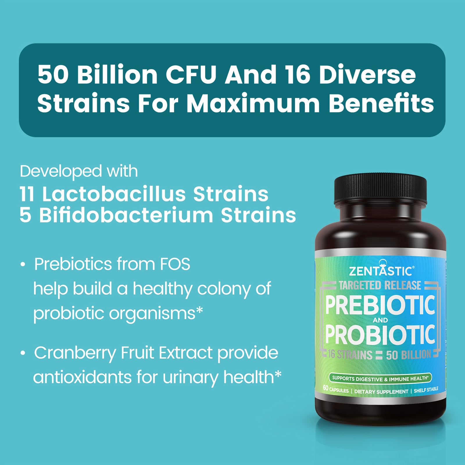 Concentration élevée de 50 milliards UFC pour soutenir la flore intestinale.