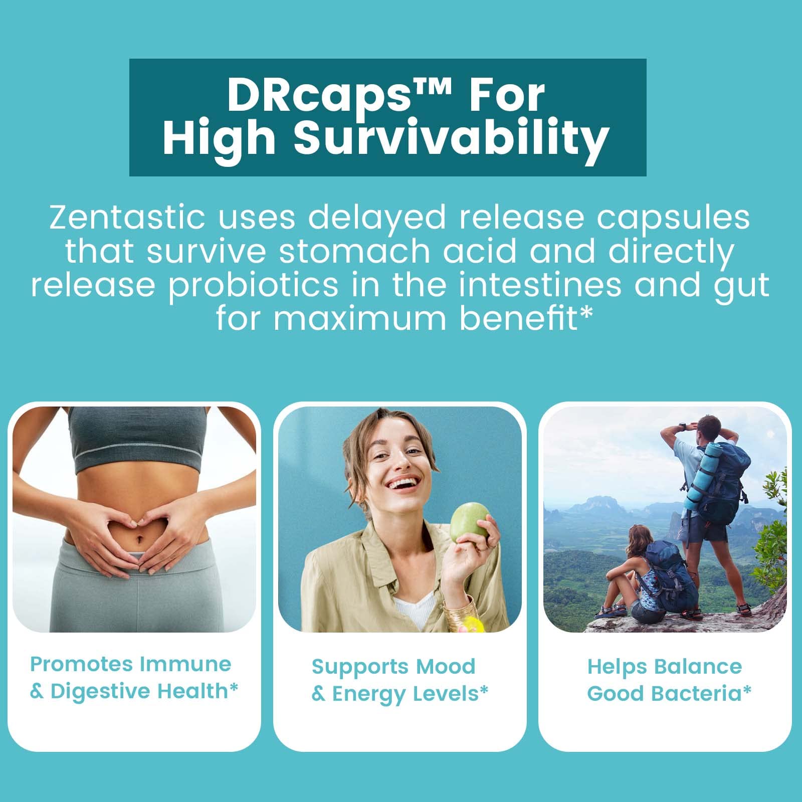 Zentastic Probiotiques: technologie DRcaps et libération ciblée contre l'acide.