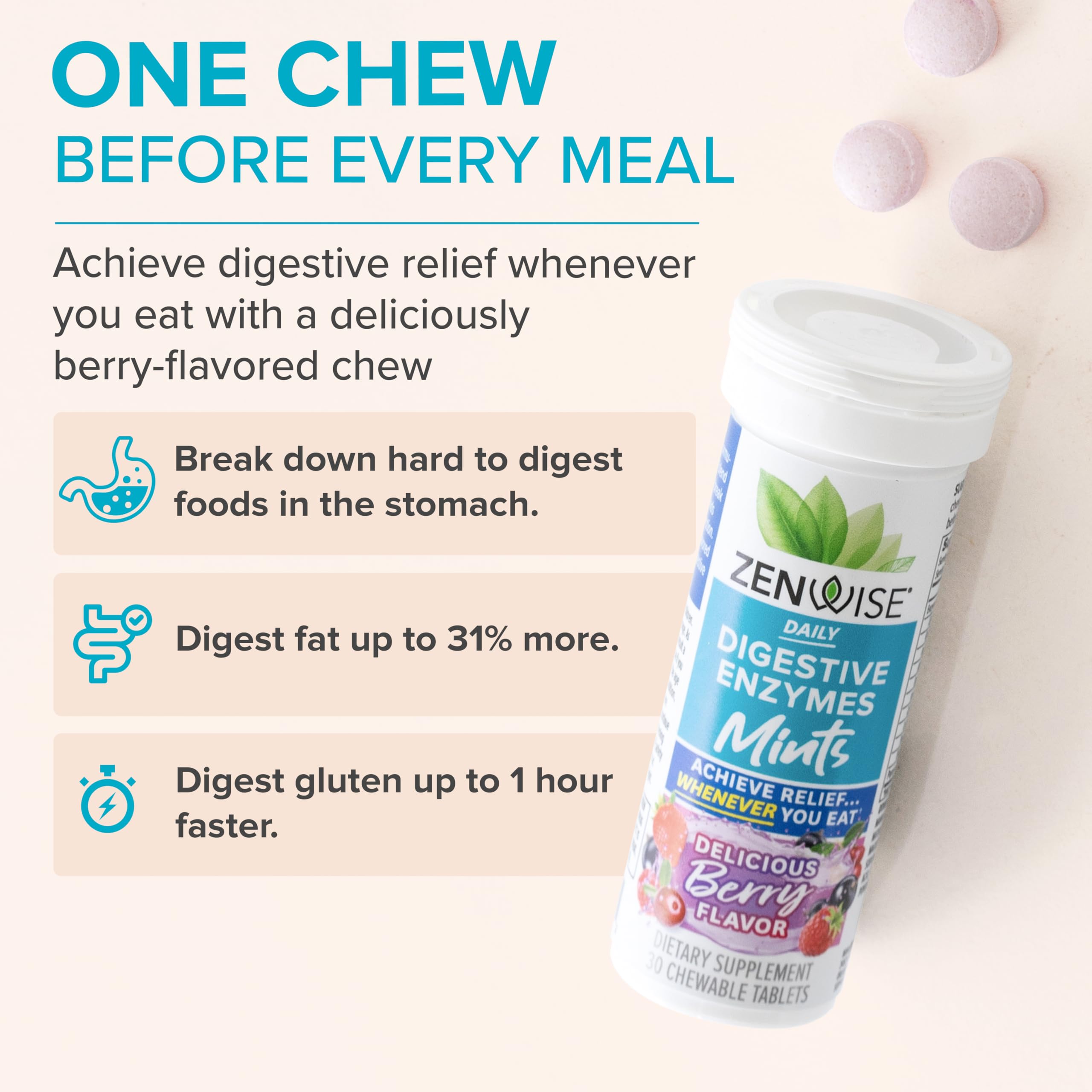 Zenwise Health bonbons digestifs contre gaz et ballonnements après repas.
