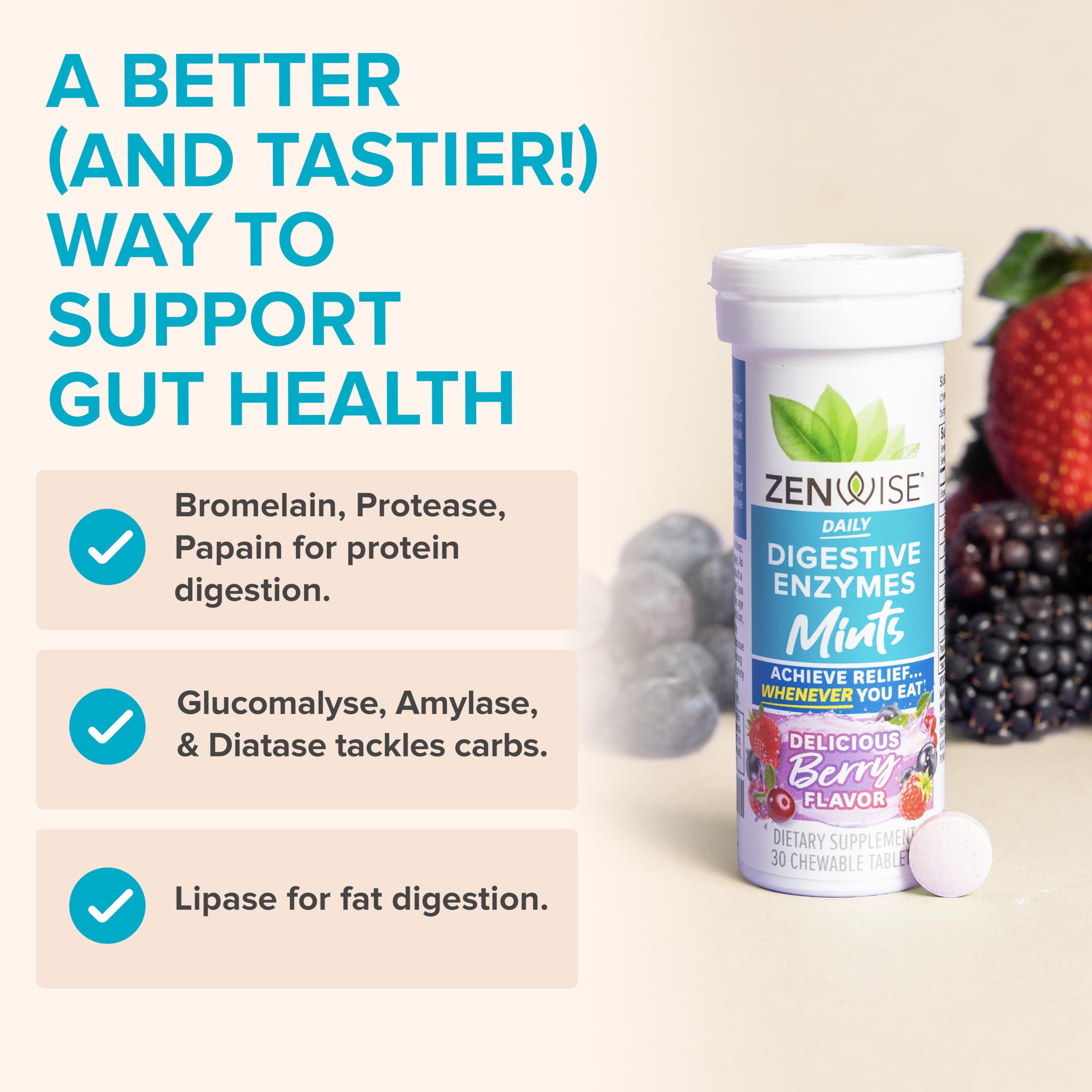 Zenwise Health bonbons digestifs protéines et glucides, aide potentielle à la digestion.