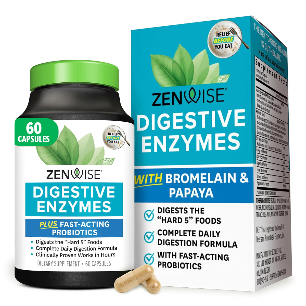 Zenwise Digestive Enzymes : bouteille et capsules simples pour une digestion fluide
