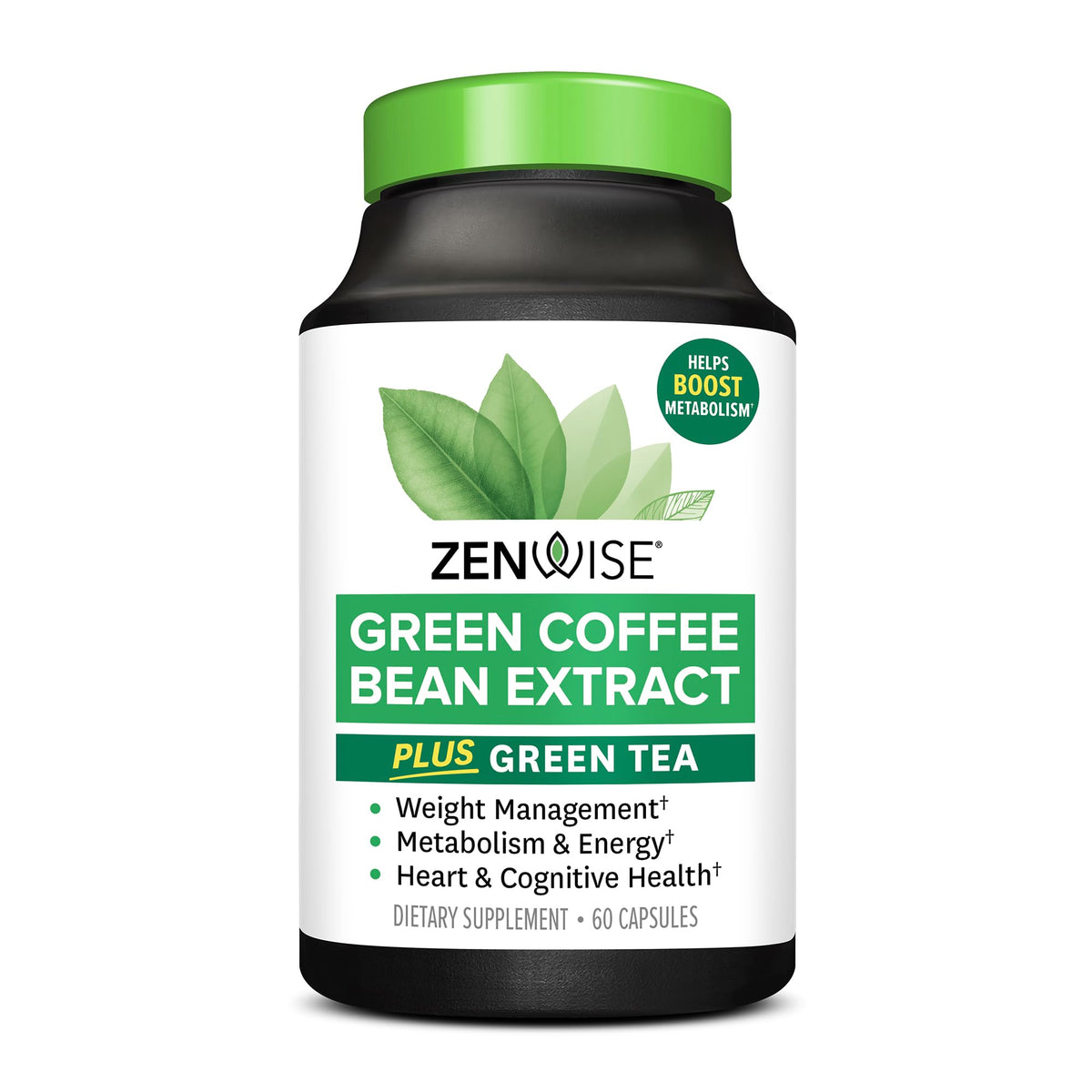 Zenwise Health: bouteille de gélules affichant thé vert et EGCG, énergie potentielle.