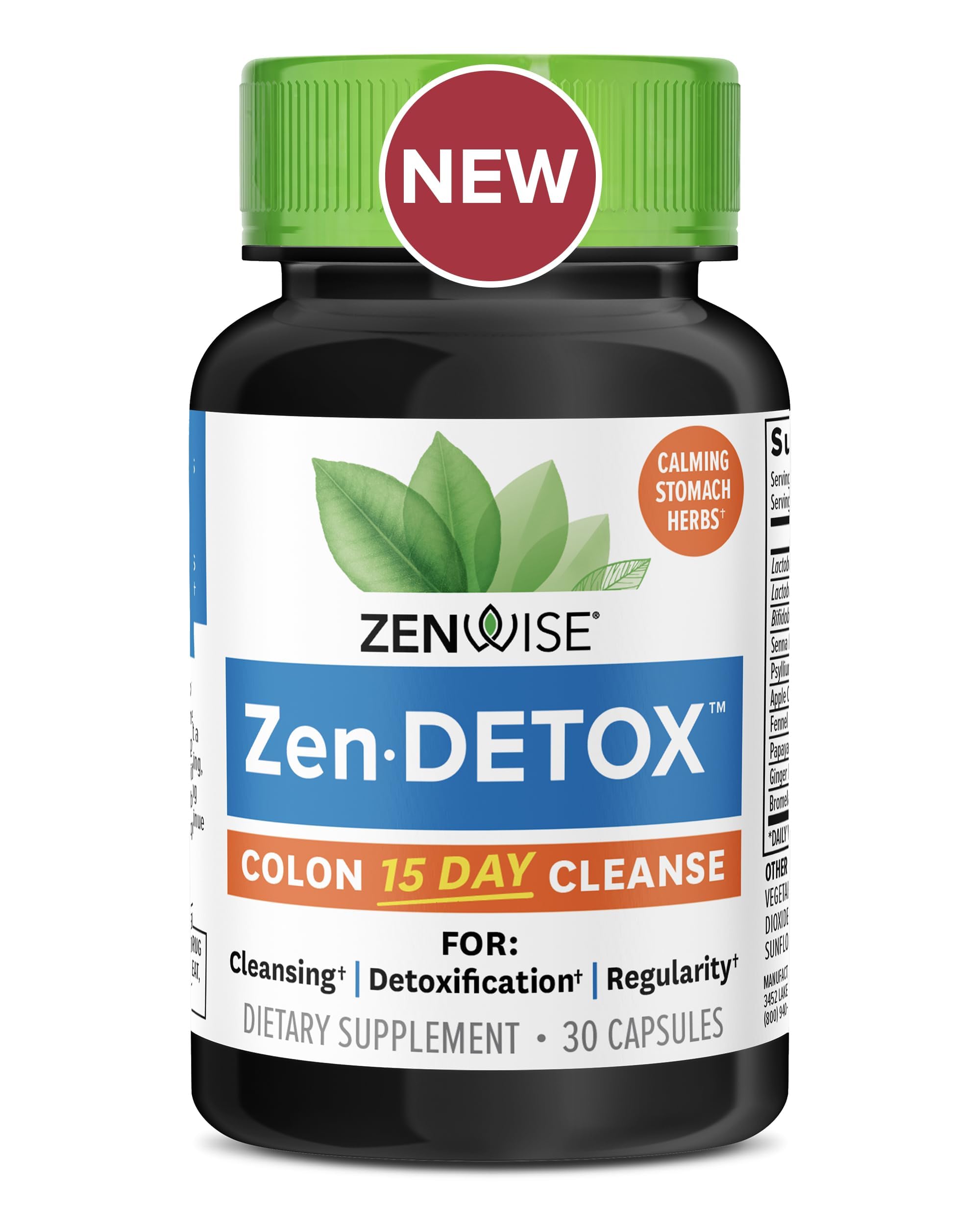 Zenwise Health detox côlon 15 jours – bouteille vue de profil pour soutien digestif en douceur.