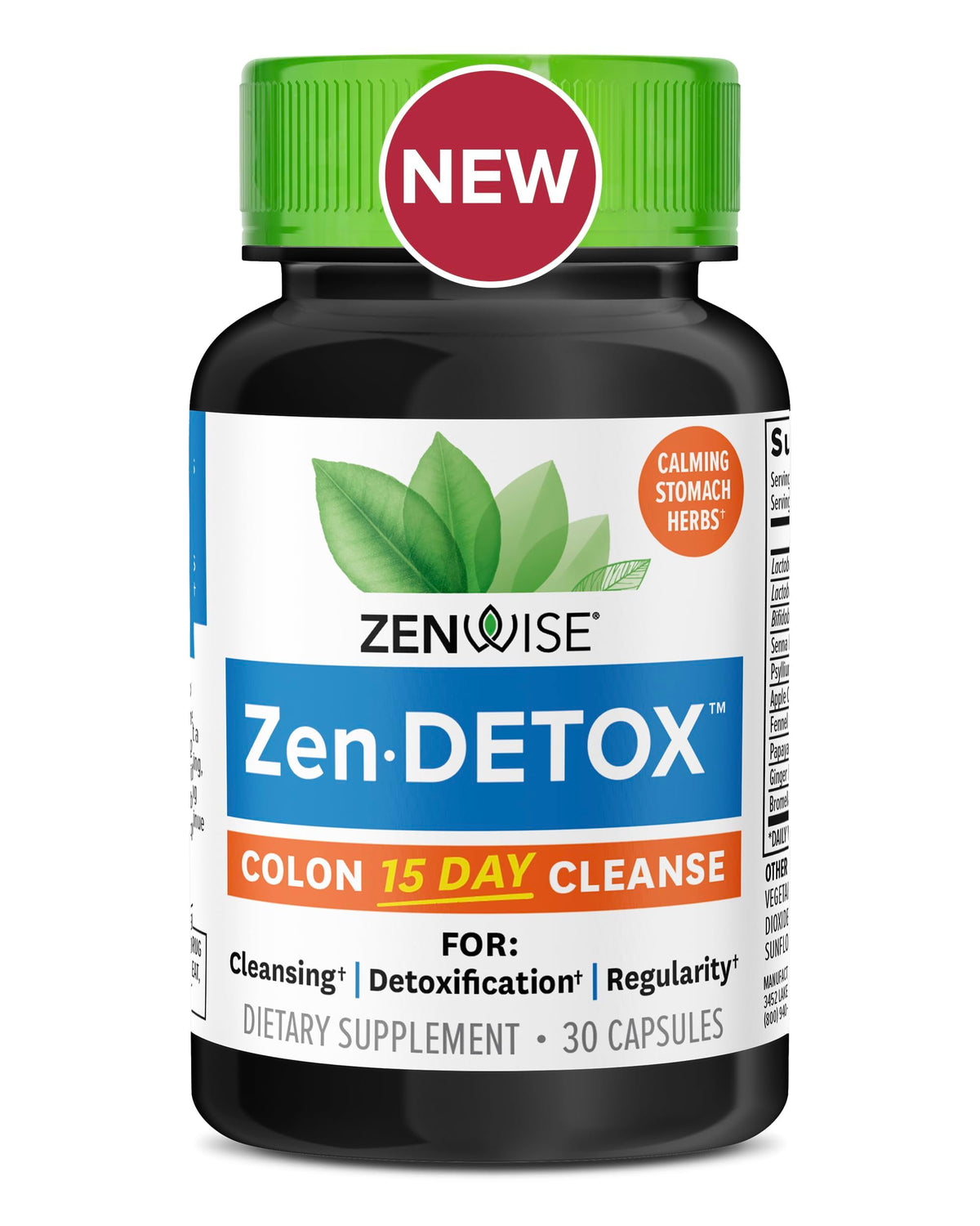 Zenwise Health detox côlon 15 jours – bouteille vue de profil pour soutien digestif en douceur.