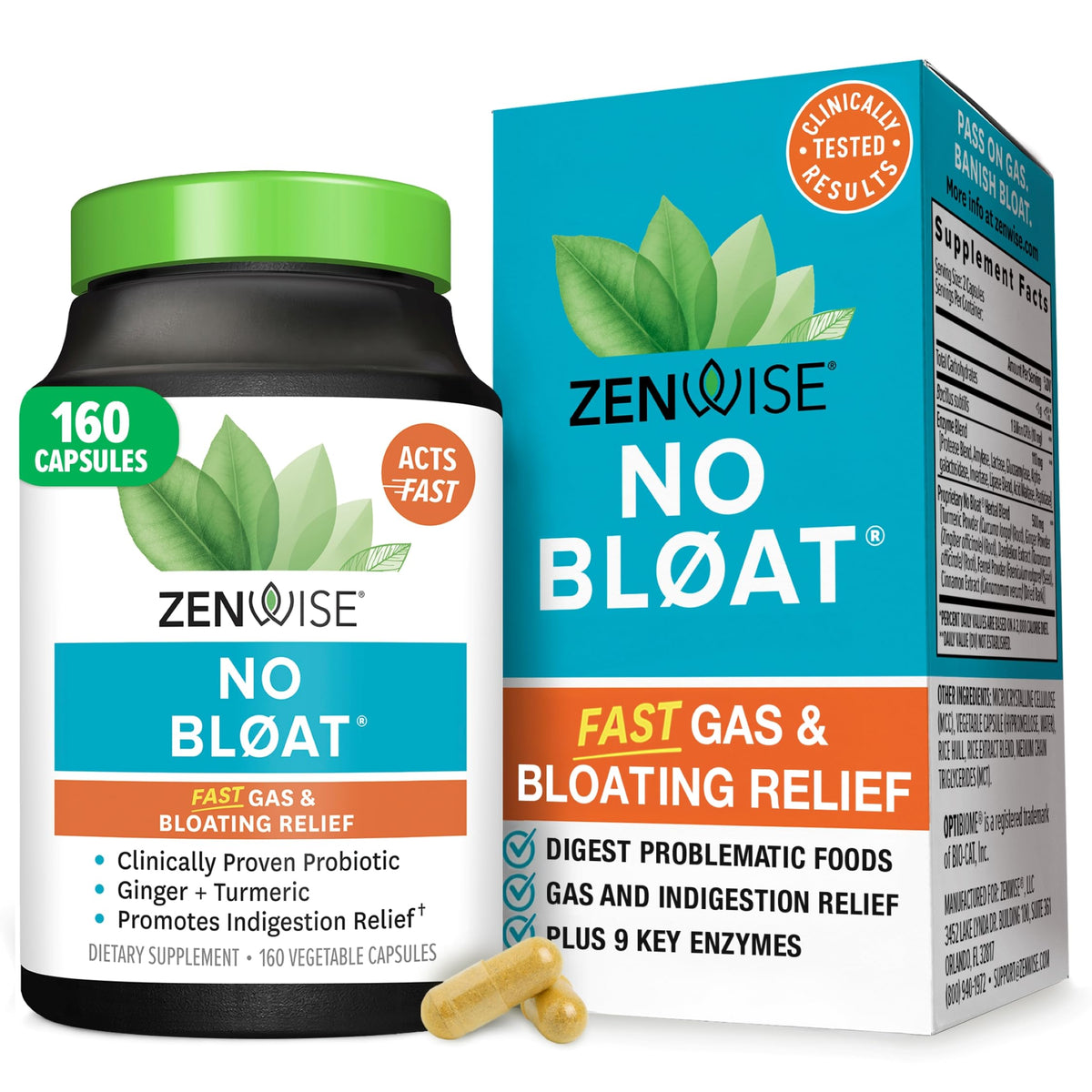Zenwise No Bloat: bouteille visible avec gélules digestives faciles à avaler, confort intestinal.