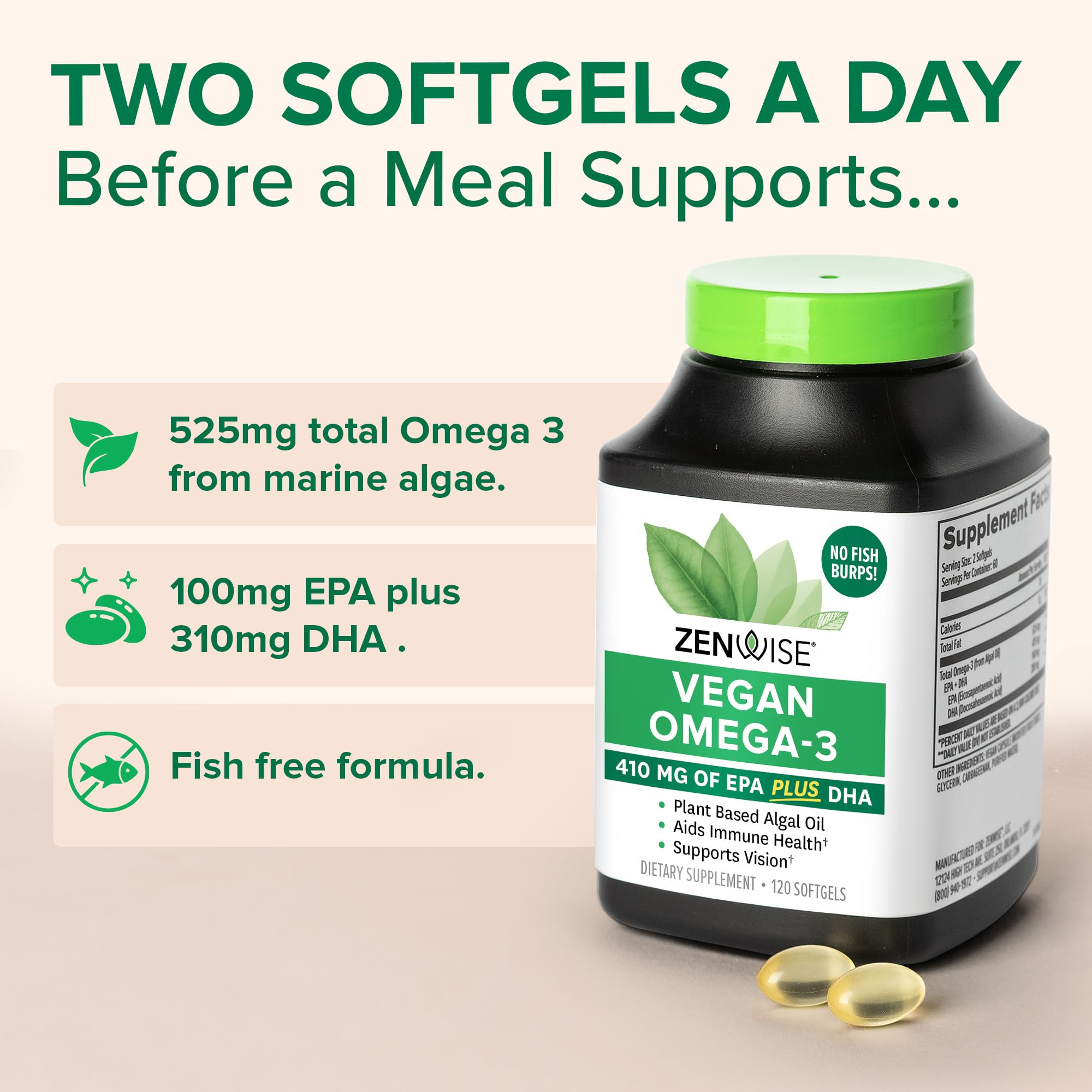 Zenwise Health Oméga-3 végan : algues marines, source durable d’Omega3.