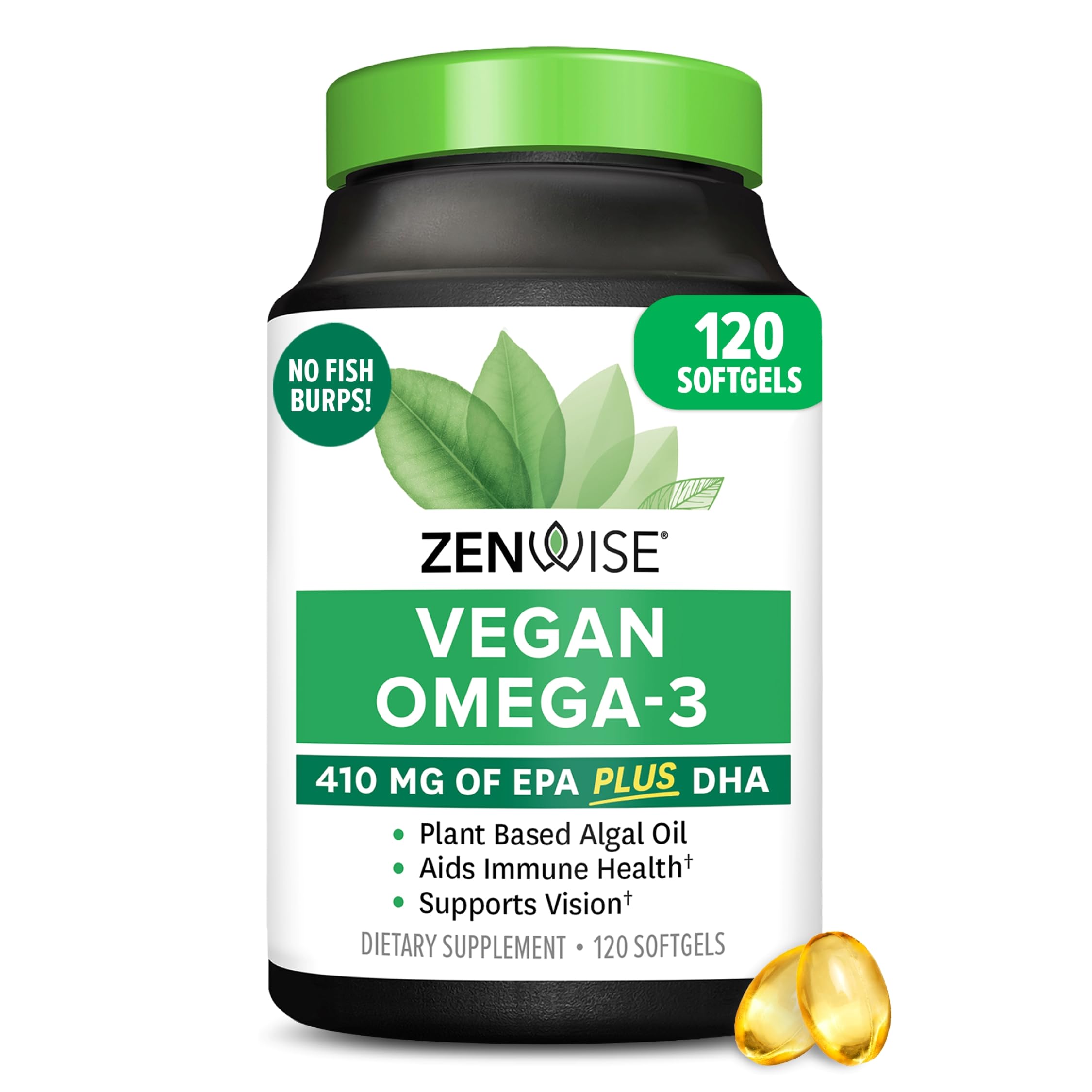 Zenwise Health Oméga-3 végan : gélules dans une bouteille, soutien cérébral et cardiaque.
