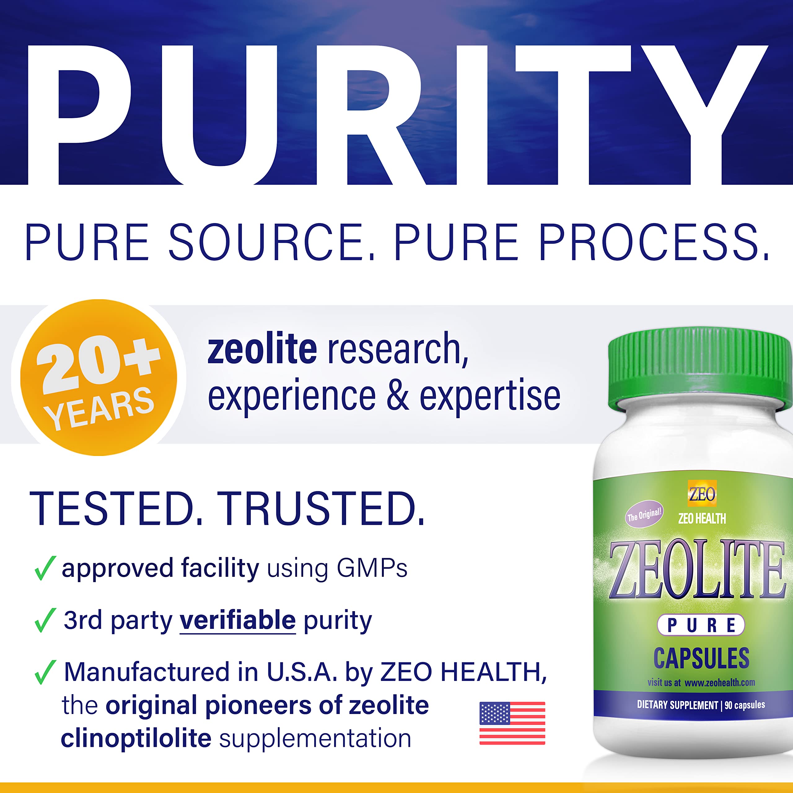 Capsules Zeolite Pure sur emballage indiquant dosage quotidien potentiel