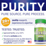 Capsules Zeolite Pure sur emballage indiquant dosage quotidien potentiel