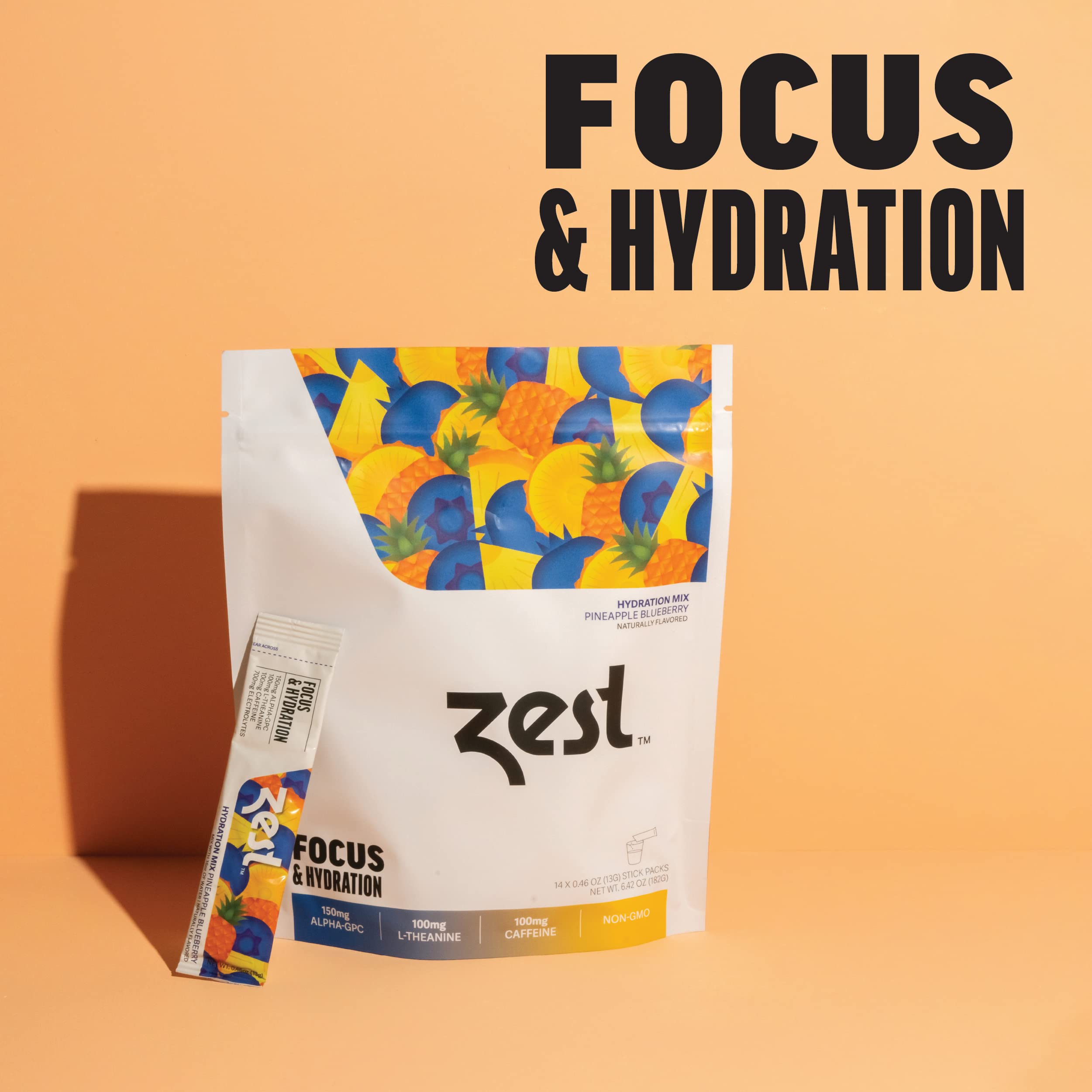 ZEST Focus dans eau, mélange ananas-myrtille, hydratation efficace